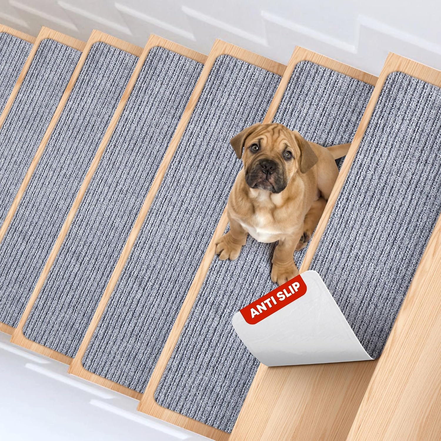 MBIGM Carpet Stair Treads for Wooden Steps, 15 Pack, 8″ x 30″, Light Gray | Four-layer polyester carpet with PP grid base, nonwoven cushion and TPR adhesive backing adds indoor traction and comfort