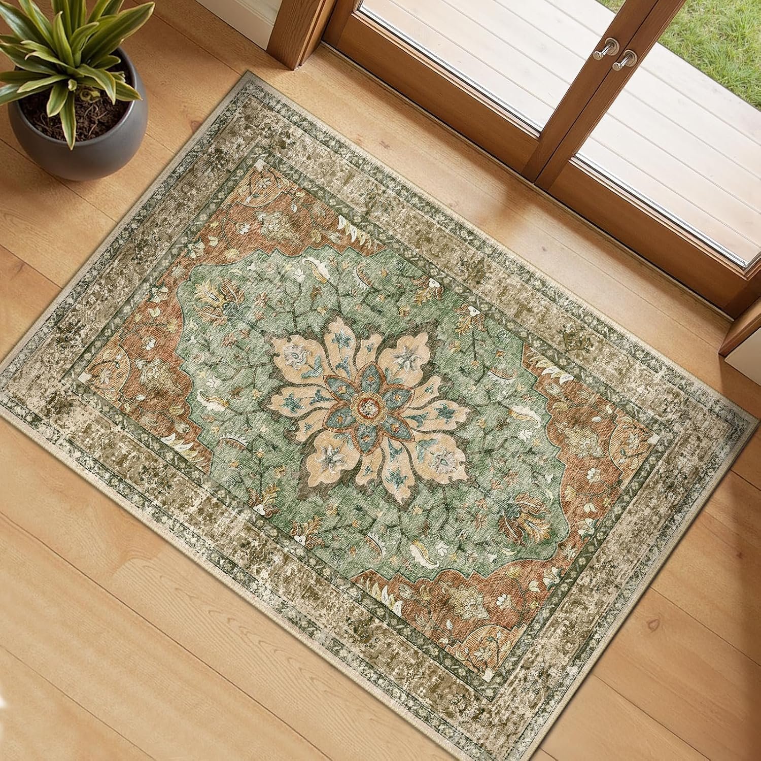 RELEANY Washable Area Rug, Small 2’x3′, Brick/Brown/Green | Non-Slip, Water Repellent, Pet Friendly, Easy to Clean, Vintage Floral Boho Decor for Kitchen Entryway Bathroom