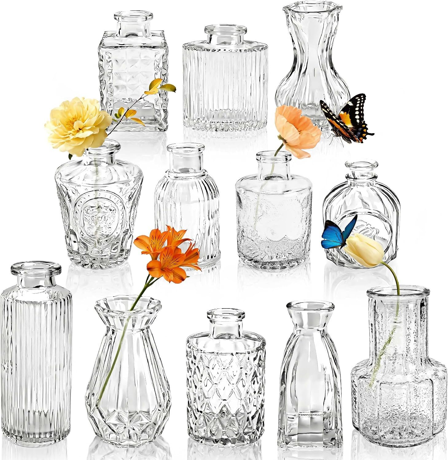 Der Rose 12pcs Glass Bud Vases, Clear Vases for Wedding Centerpieces Decor | Modern fluted design, secure protective packaging, thick sturdy glass, easy to clean, wedding table centerpiece home decor