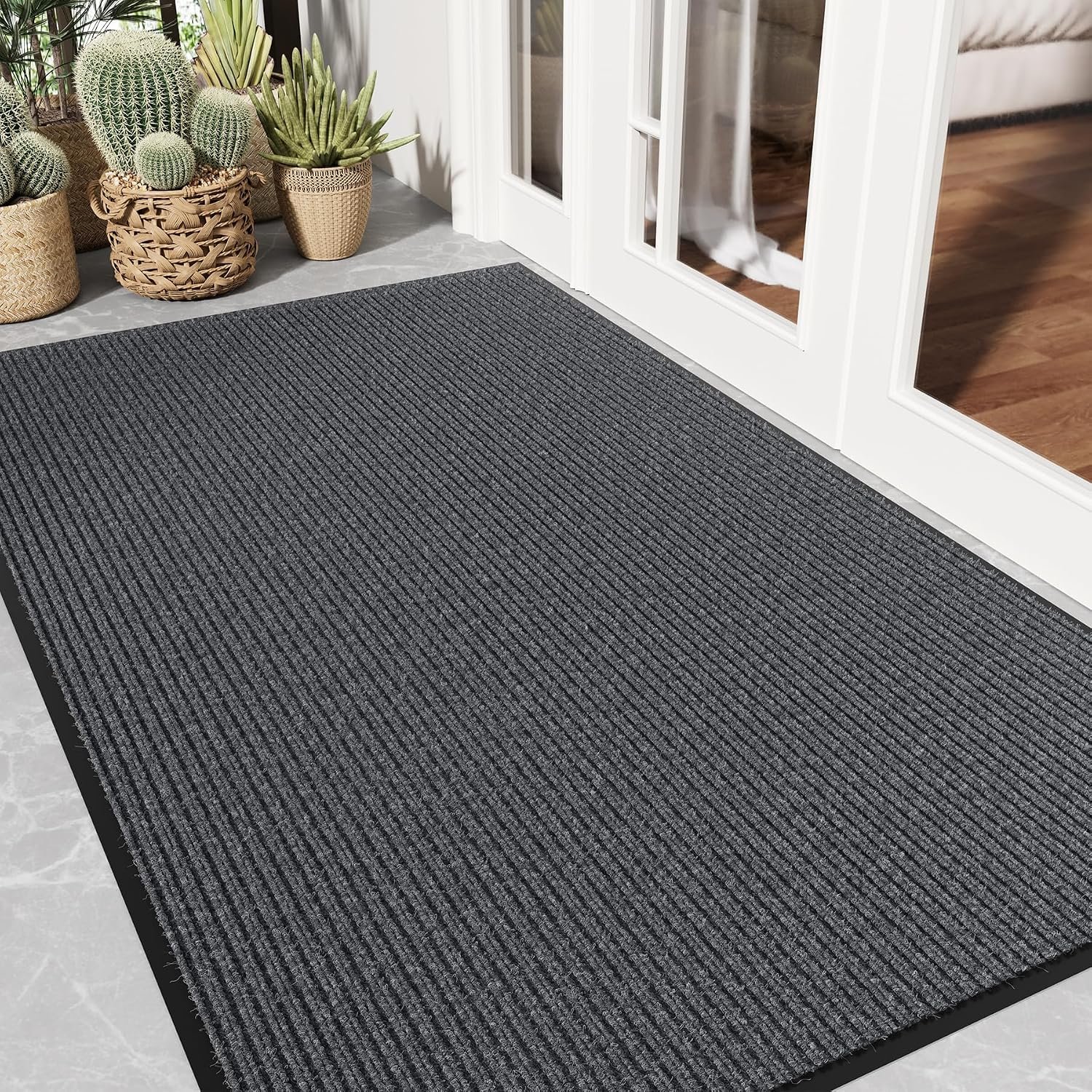 Front Door Mat, 3′ x 5′ Heavy Duty Door Mat Outside Entrance, Non-Slip Welcome Mat, Absorbent & Dirt Resistant, Low Profile Large Door Mats, Commercial Rugs for Entryway Indoor Outdoor, Grey