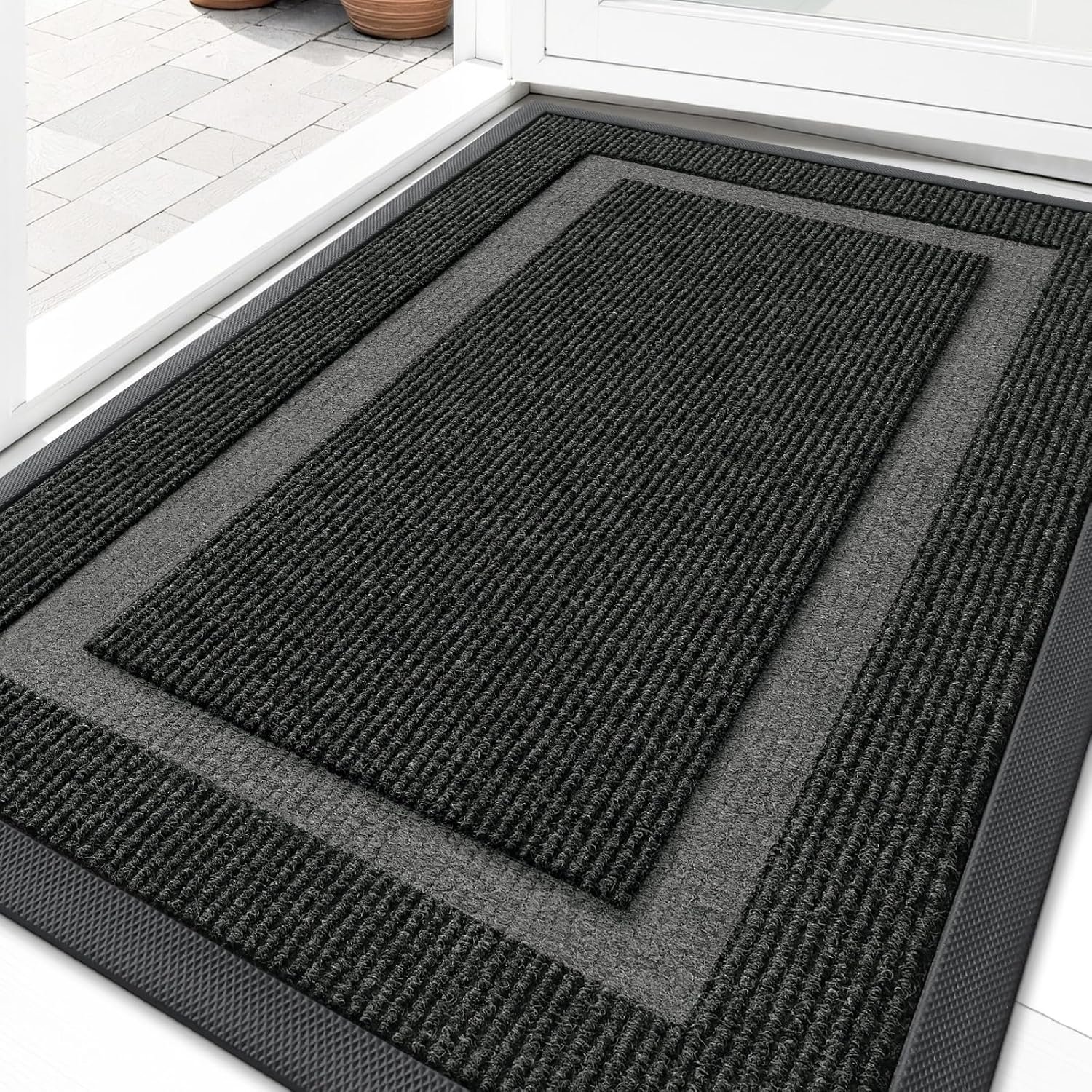 OLANLY Front Door Mat Outside 29.5×17, All-Season Heavy-Duty Rubber Doormat | Black, Absorbent, Stain and Fade Resistant, Waterproof Non-Slip Backing, Low-Profile Indoor Outdoor Floor Mat for Entryway