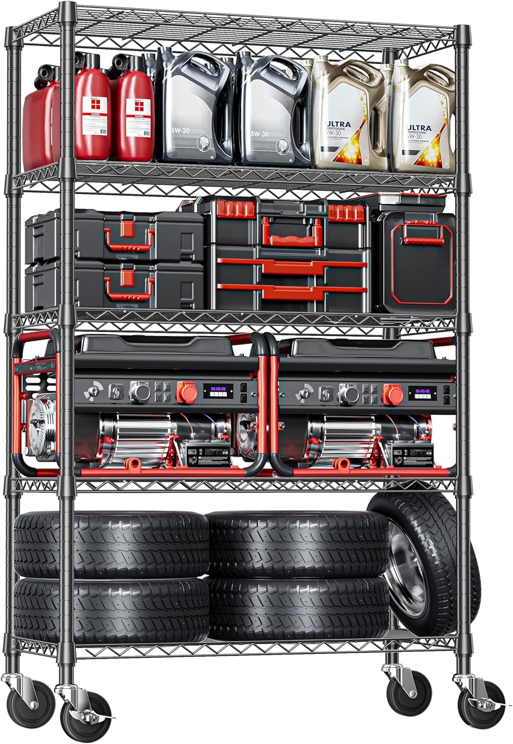 IZEUK 5-Tier Adjustable Heavy Duty Steel Wire Shelving Unit with Wheels, Storage Rack Organizer for Garage, Kitchen, Office, Laundry, Basement (Black, 17.7″ D x 47.2″ W x 76.7″ H, 1750 lbs Capacity)