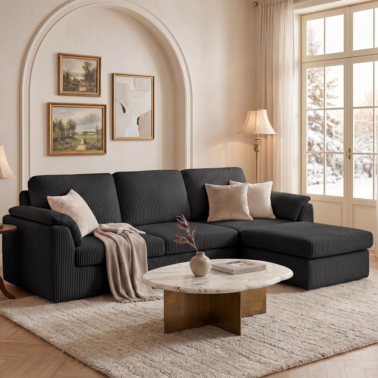 Sectional Couches for Living Room Cloud Couch with Ottoman, Upholstered Boneless Couches Modern Modular L Shaped Couch 3 Seater Sofa, No Assembly, Washable Covers, Black