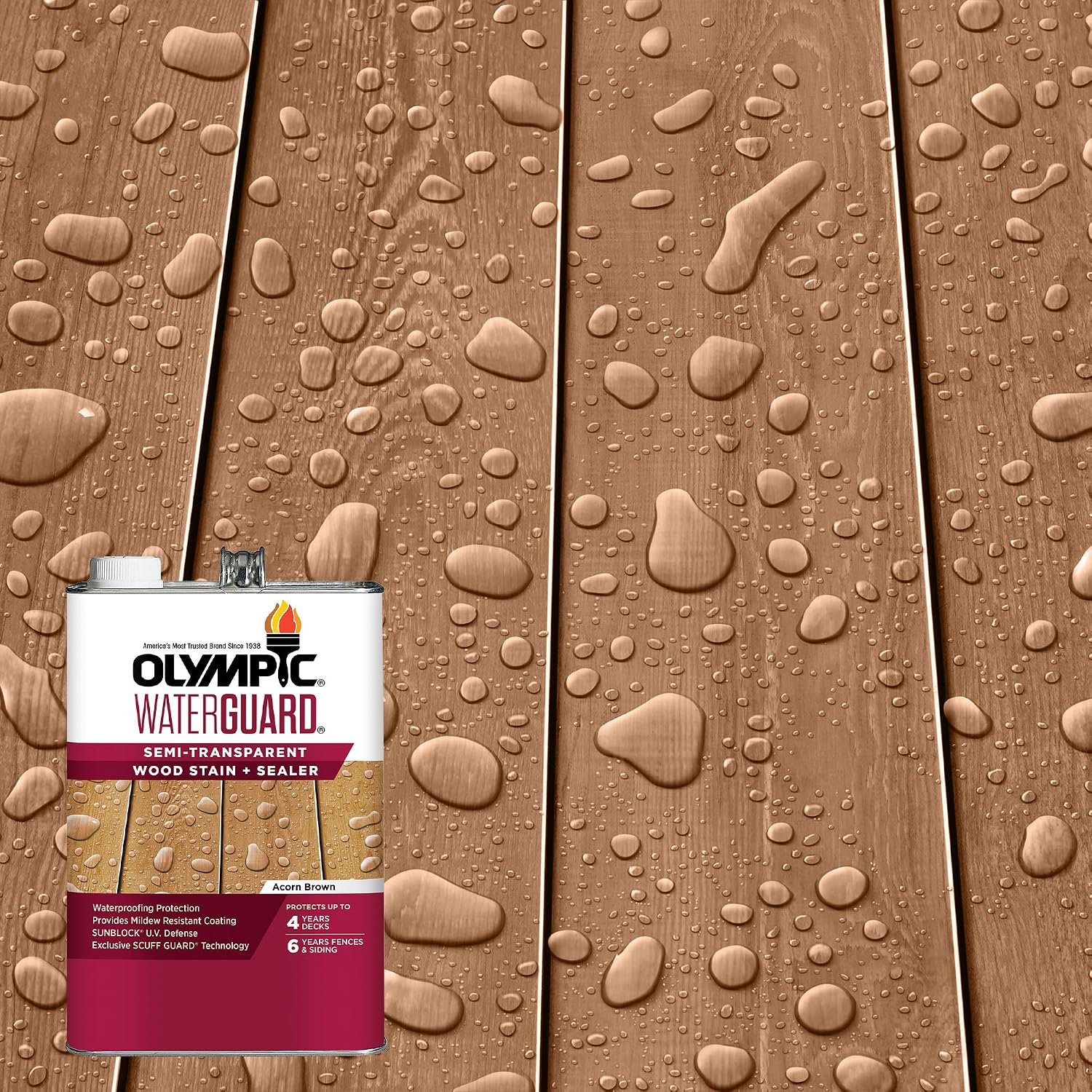 Olympic WaterGuard 1 gal Acorn Brown Semi-Transparent Wood Stain & Sealer | Water-Based Deck, Fence & Siding Stain, Waterproofing UV