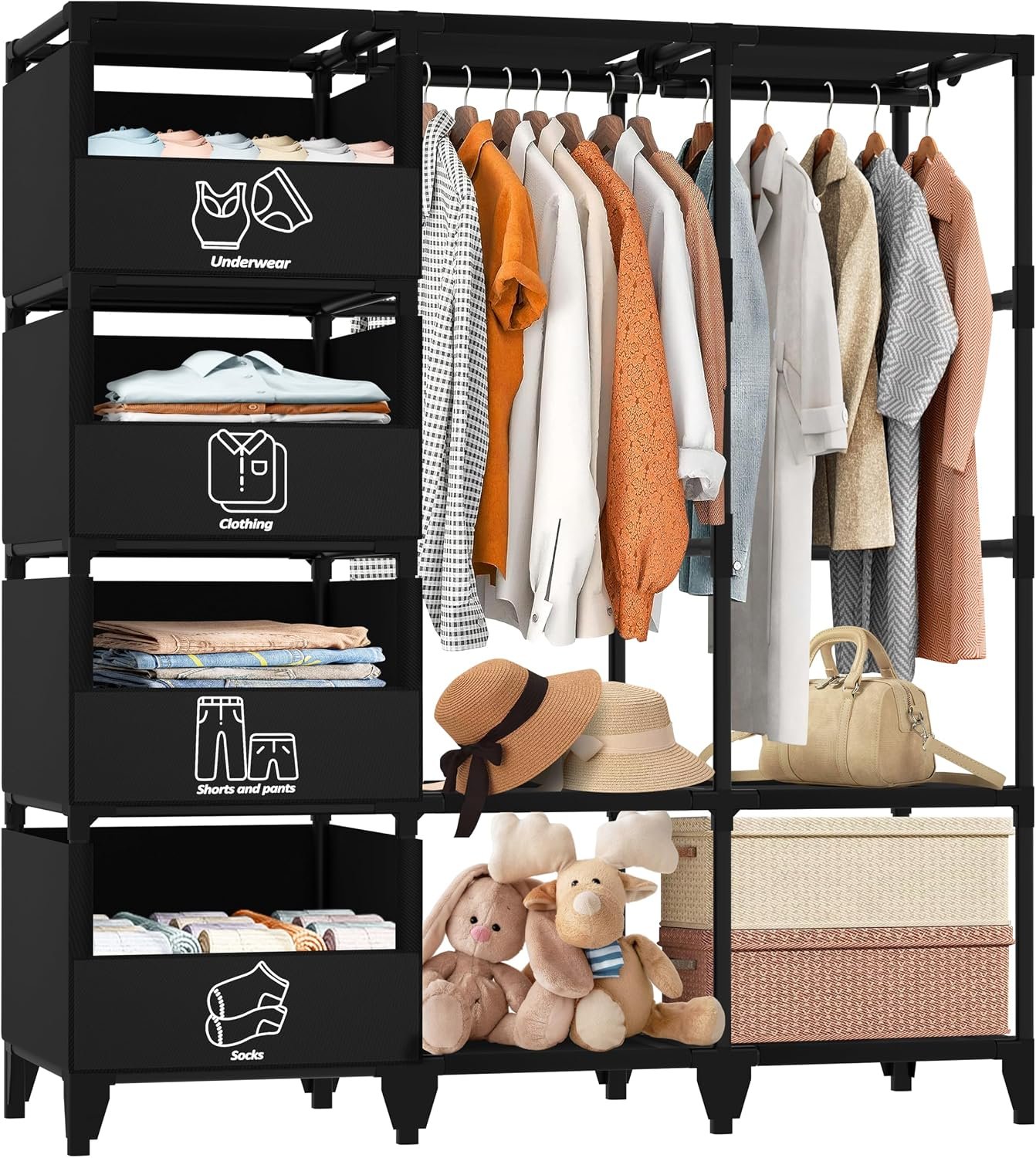 Portable Closet, Easy Assembly, Large Capacity Wardrobe Closet | Sturdy and Stable Clothes Rack with Shelves 4 Storage Baskets and 2 Hanging Rods, for Bedroom and Cloakroom 50 In Black