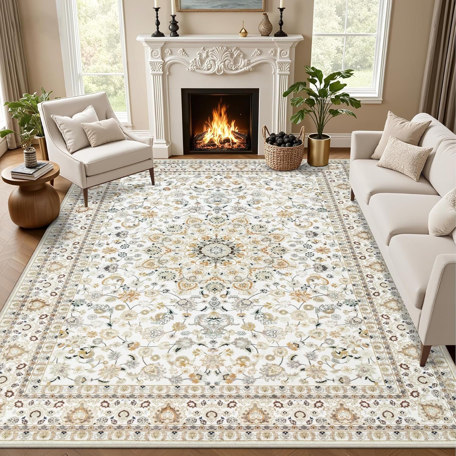 5×7 Area Rugs Living Room: Washable Vintage Rug for Bedroom Beige | Boho No Slip Stain Resistant Rug Soft Indoor decor Floor Floral 5×7 Area Rugs for Dining Room, Nursery, Hallway, Home Office