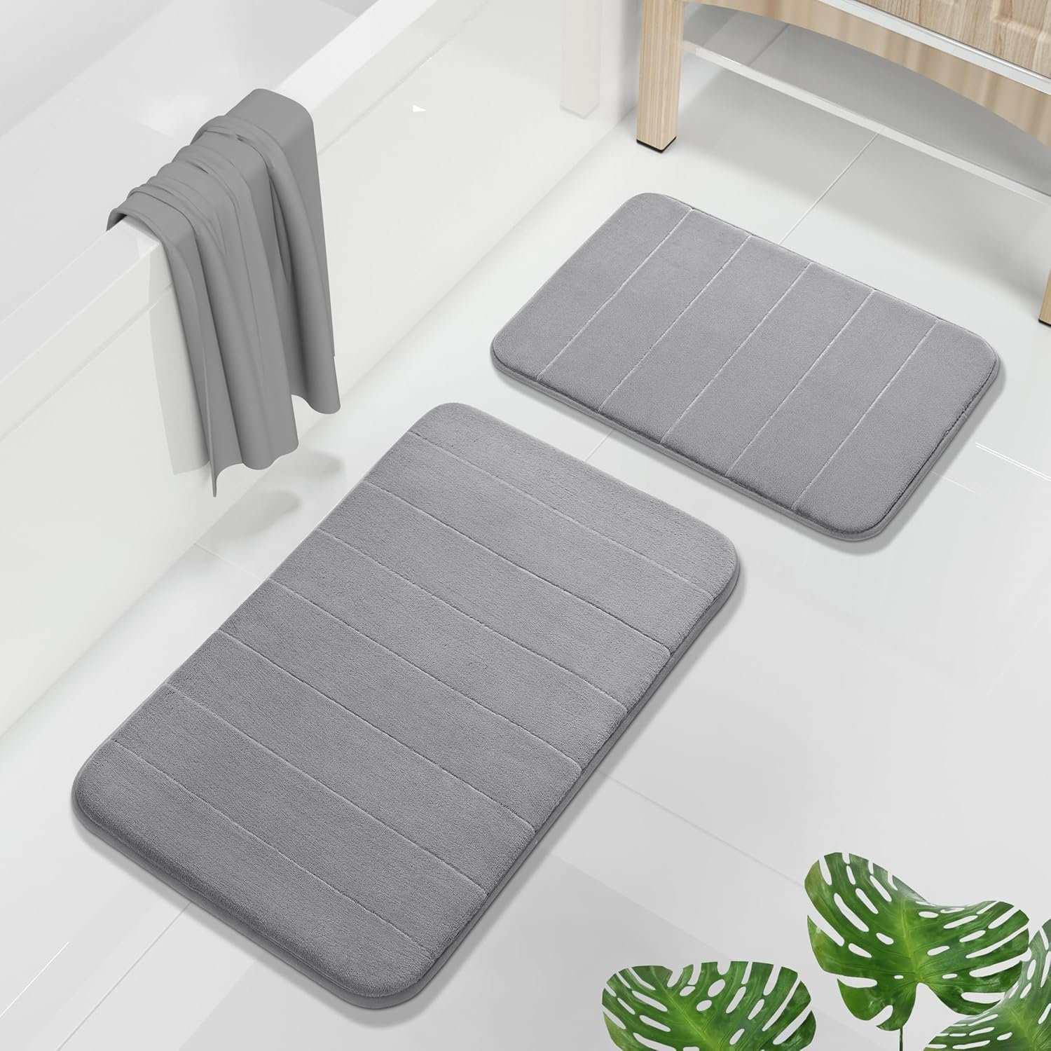 Yimobra Memory Foam Bathroom Rugs Sets 2 Piece – Super Soft Absorbent Quick Dry Bath Mat Set, Machine Washable Non Slip Floor Carpet for Tub Shower & Single Sink (17×24 & 31.5×20 Inch, Gray)