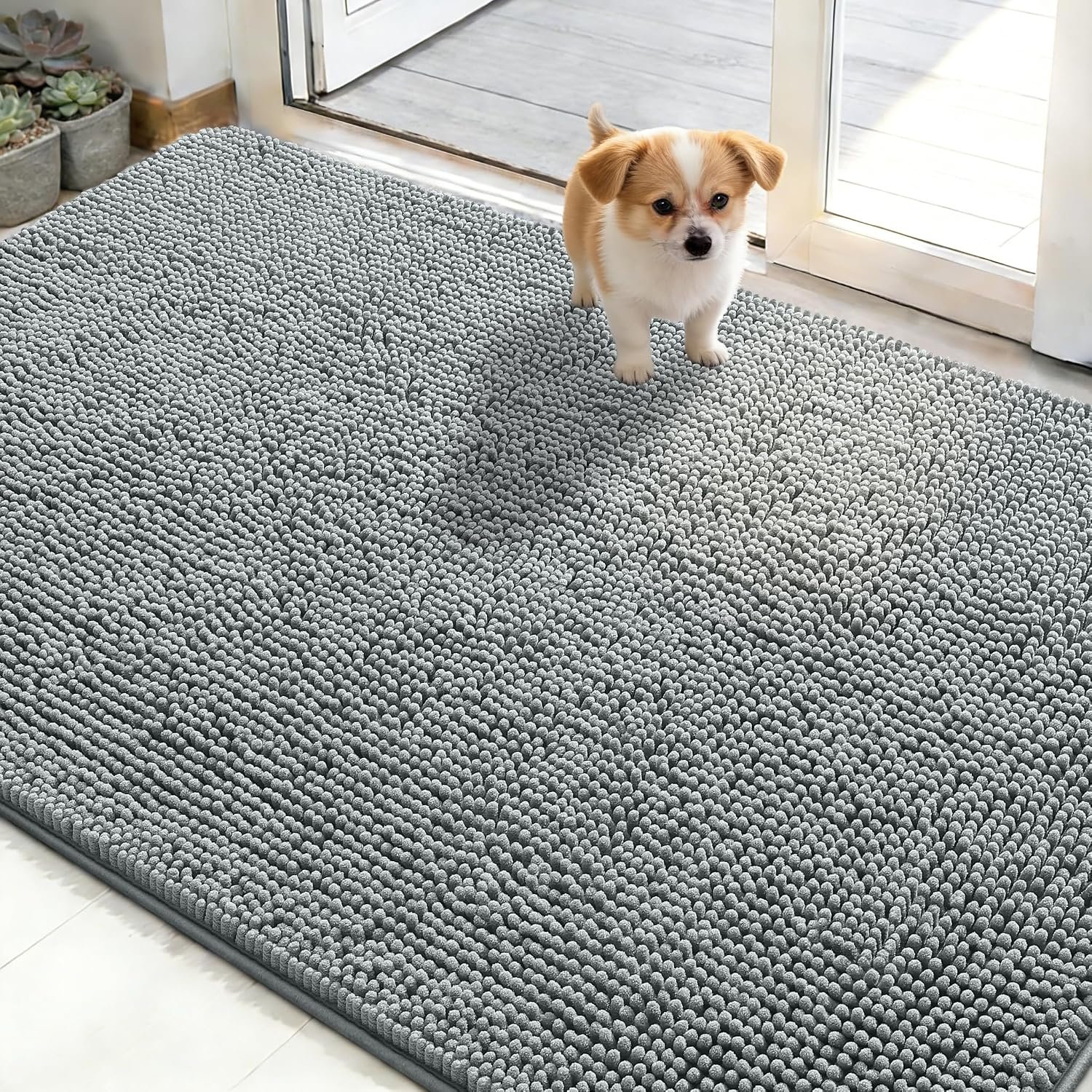 OLANLY Dog Door Mat for Muddy Paws 48×30, Super Absorbent Chenille Mud Mat | Grey, Absorbs Moisture and Dirt, Non-Slip Machine Washable Doormat, Quick-Drying Indoor Entryway Floor Carpet for Dogs