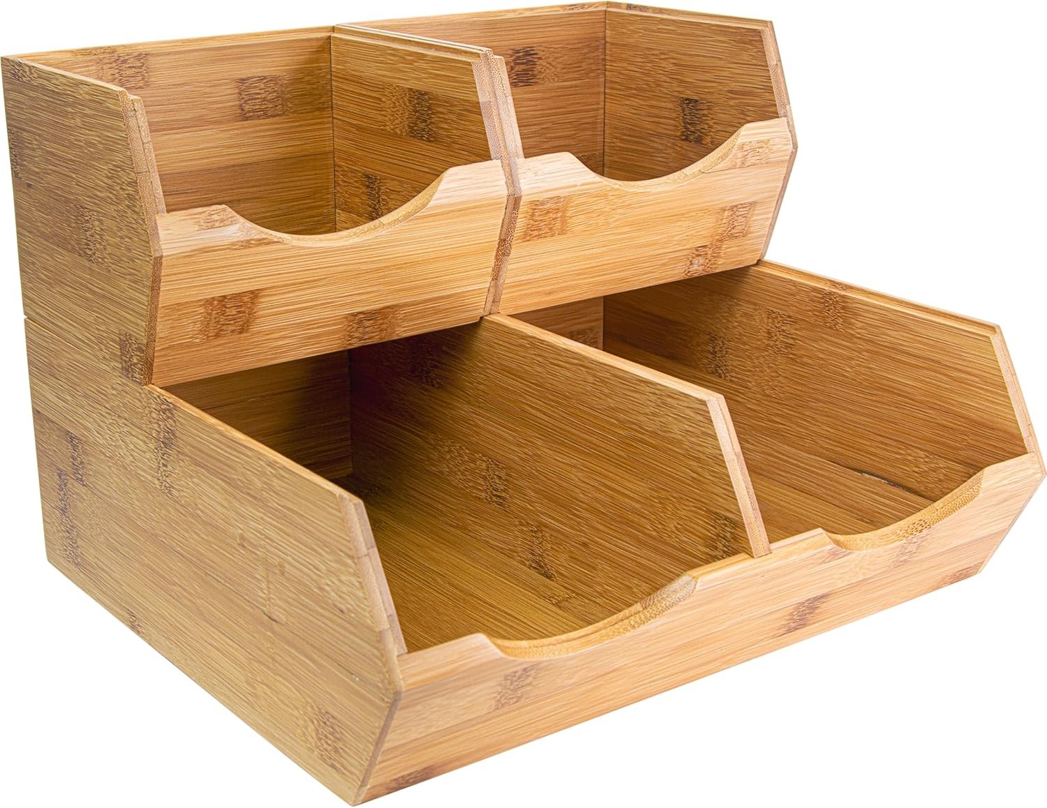 HOMESTEAD Bamboo Pantry Storage Bins – Stackable Potato & Onion Storage Bin for Kitchen Countertop, Pantry Organizer, Fruit Vegetable Basket, Multiuse – Set of 3 Slide-Out Access