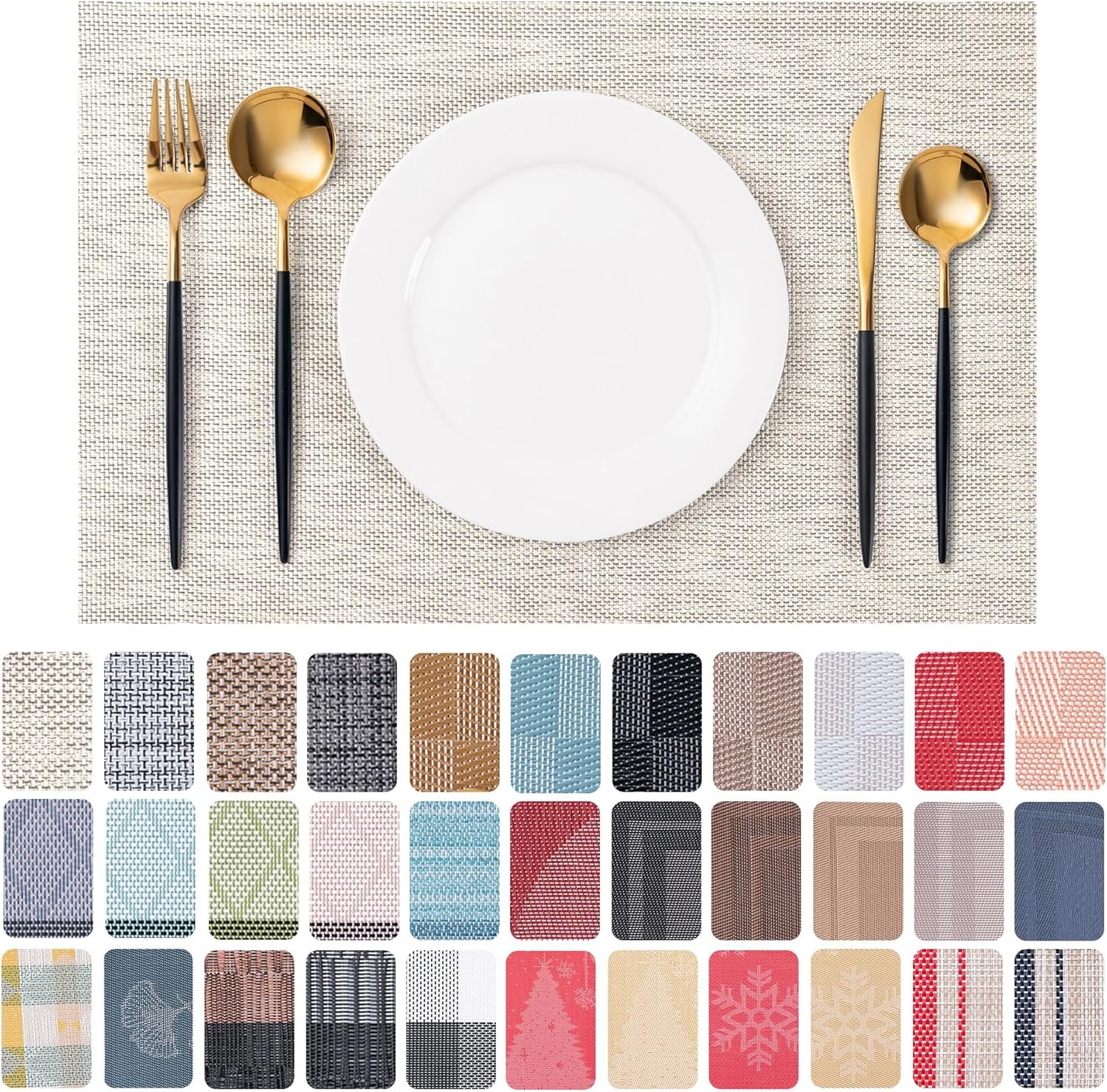 Placemats Set of 4 Washable Indoor(Beige) | Outdoor Vinyl Place Mats for Dining Table Durable Non-Slip Heat Resistant PVC Weave Table Mats