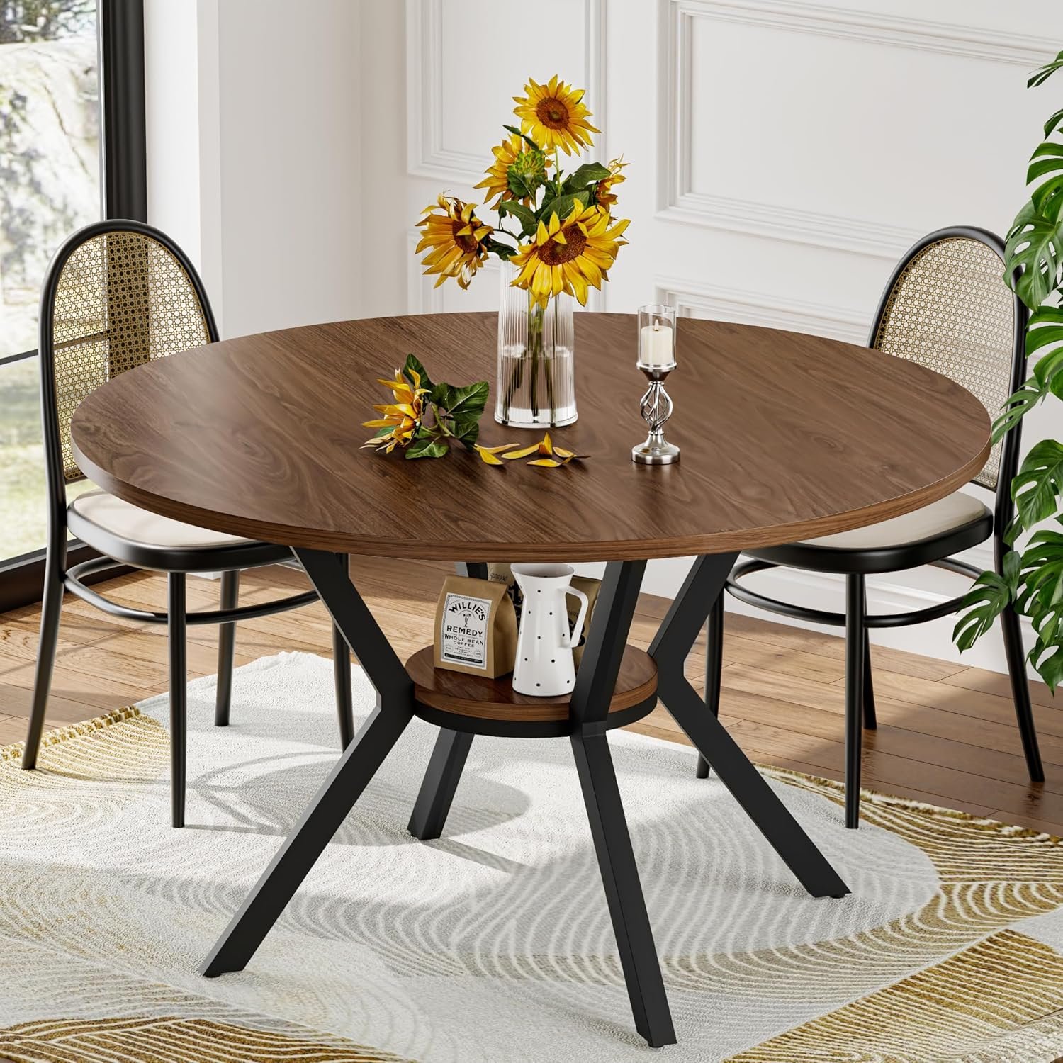 42″ Round Dining Table for 4, Farmhouse Kitchen Table with Storage, Space Saving Circle Dinner Table, Rustic Wood Kitchen & Dining Room Tables with Metal Legs for Home, Apartment, Office, Restaurant