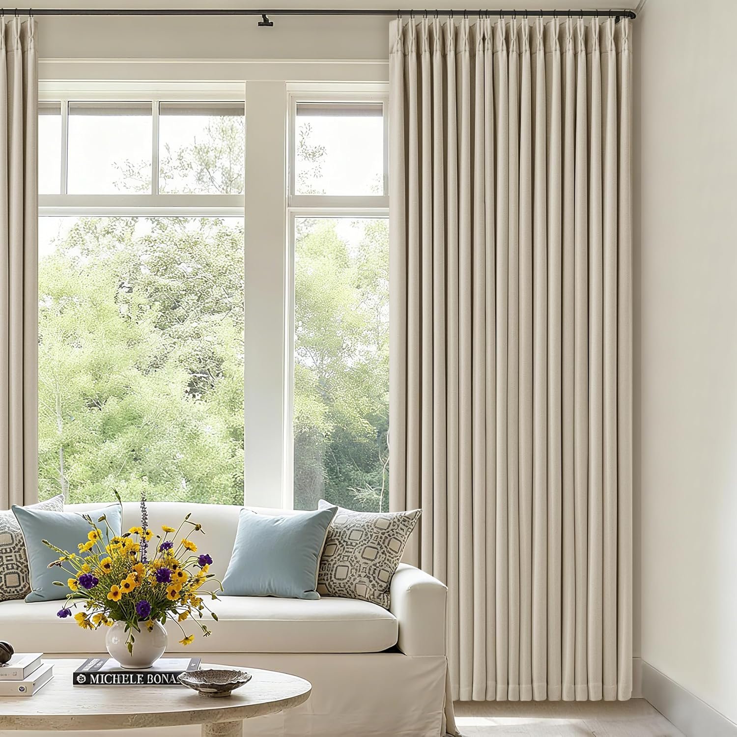 Oatmeal Beige 70 Inch Extra Wide 100% Blackout Curtain 84 Inches Long | Pinch Pleated with Back Tab, Thick Linen with Liner, Thermal Black Out for Living Room Bedroom Large Window, 70×84 1 Panel