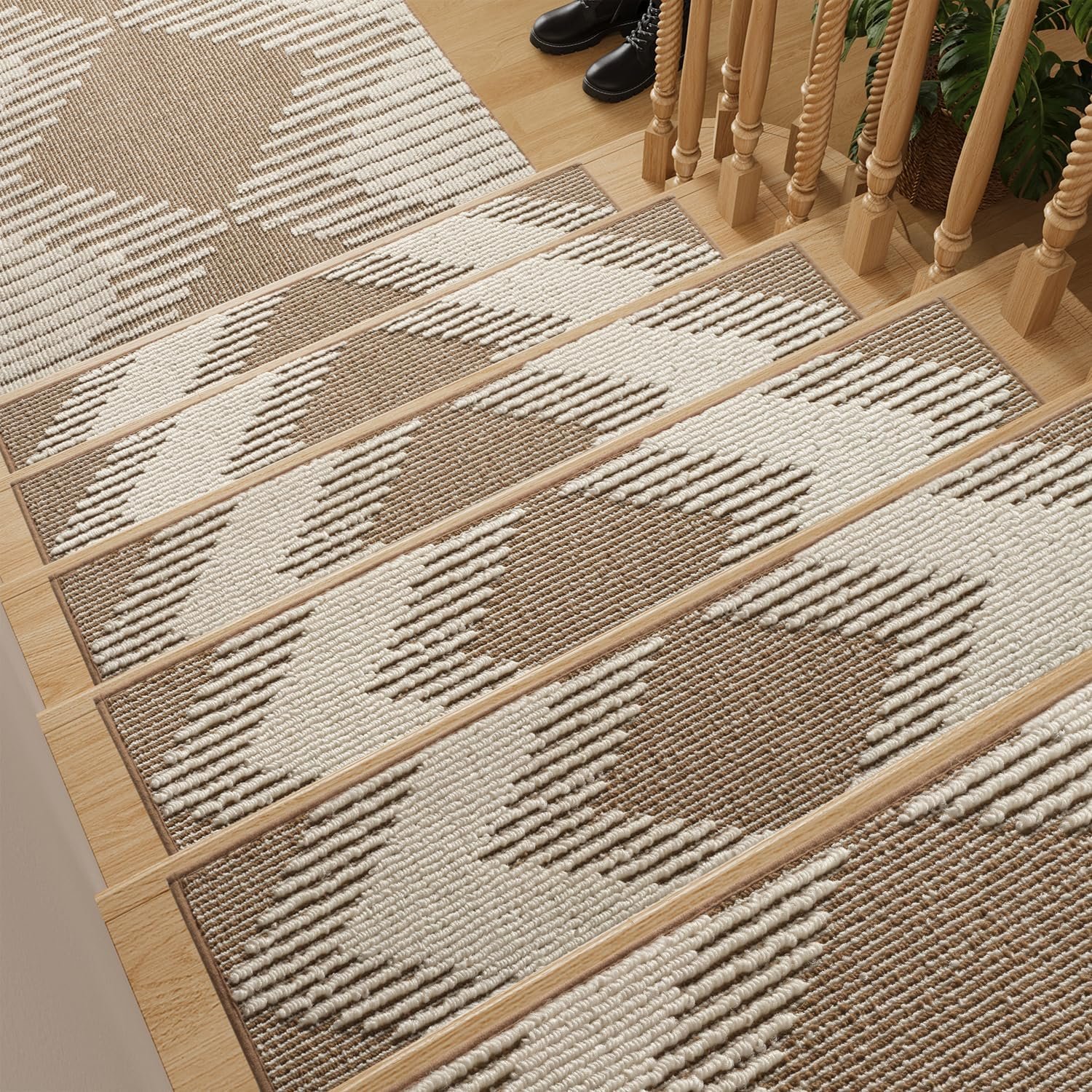 PADOOR 15PC Stair-Treads Non Slip, 3D Peel and Stick Stair Treads for Wooden Steps Indoor, Stair-Carpet Treads Washable Reusable Adhesive Stair-Runner Rugs for Kids and Dogs 8″x30″ Brown
