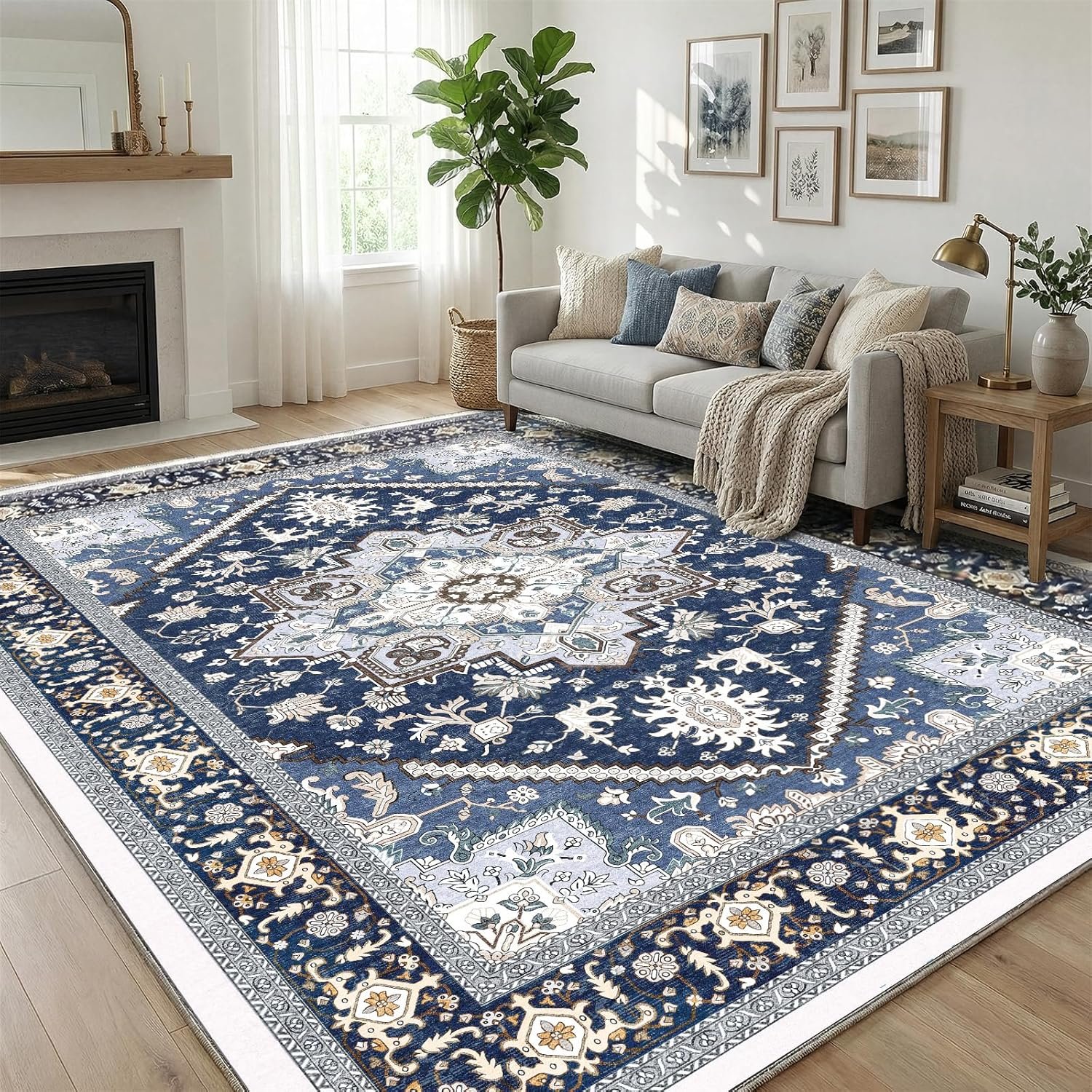 OPPODREAM Soft Area Rugs 5×7, Persian-Inspired Washable Rug, Blue & Gold | Low-Pile Faux Cashmere Surface, TPR Non-Slip Backing, 5 x 7 Carpet for Bedroom, Office, Dorm, Dining Room