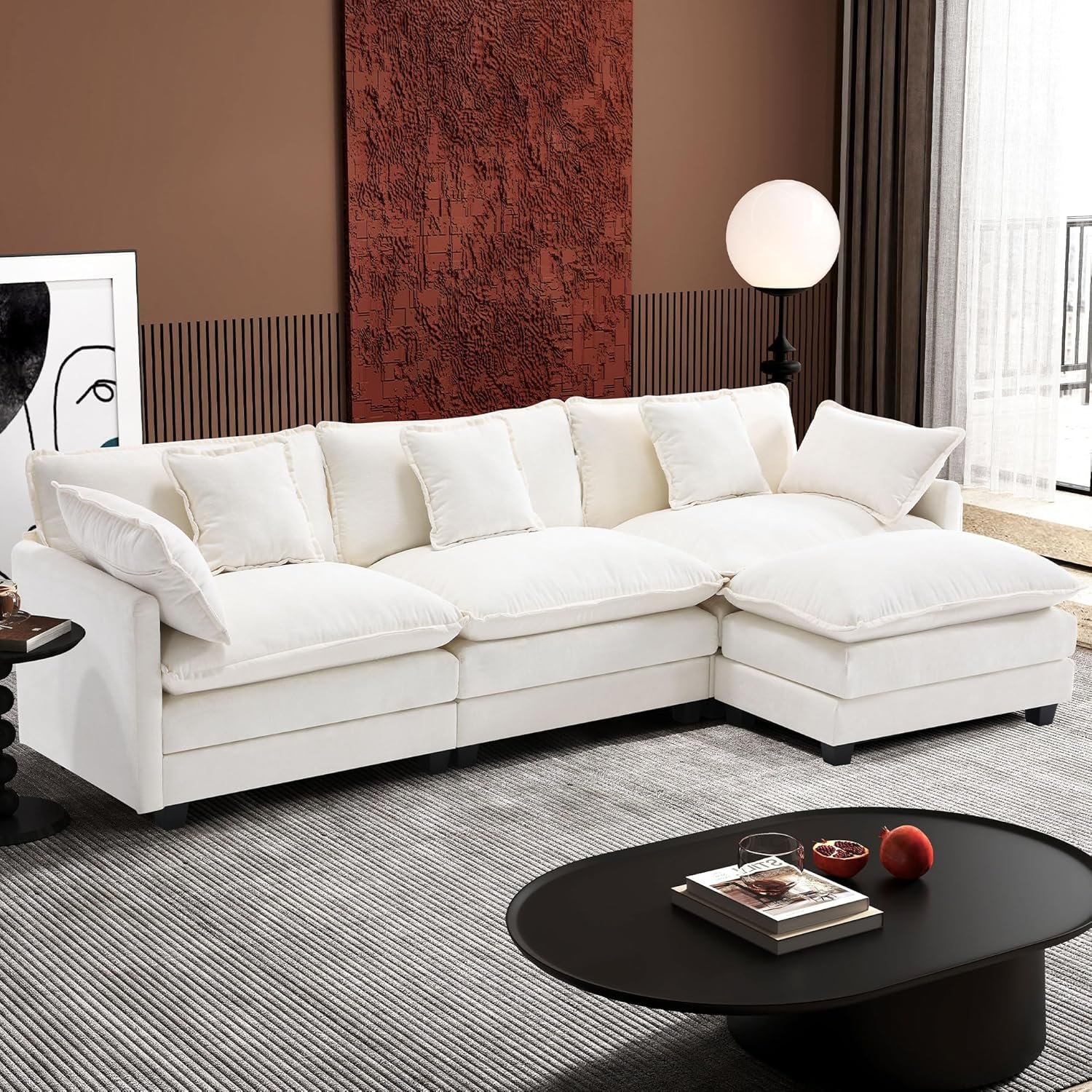 Ihanherry 111.4″ L Shaped Modern Sofa Modular Sectional Cloud Couch with Ottoman, 4-Seat Chenille Deep Seat Sofa with Pillow for Living Room, Bedroom and Apartment, Beige