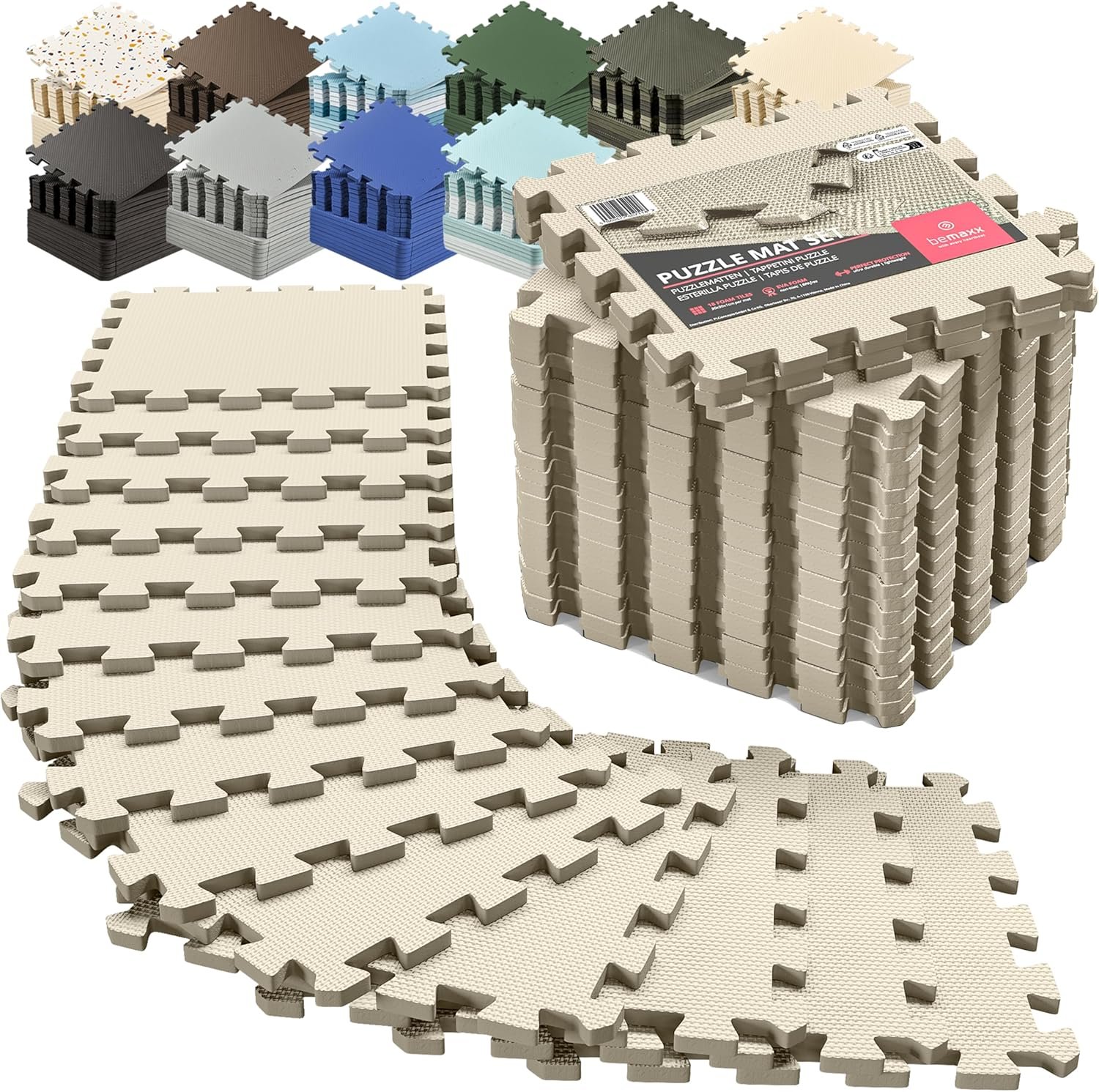 bemaxx Gym Mats Set – EVA Interlocking Foam Floor Tiles (12.6″x12.6″x0.4″) Protective Gym Flooring Sports Home Workout Exercise Mats Puzzle Garage Fitness Play-Room Pool Treadmill Bike, 18 pcs, 18sqft