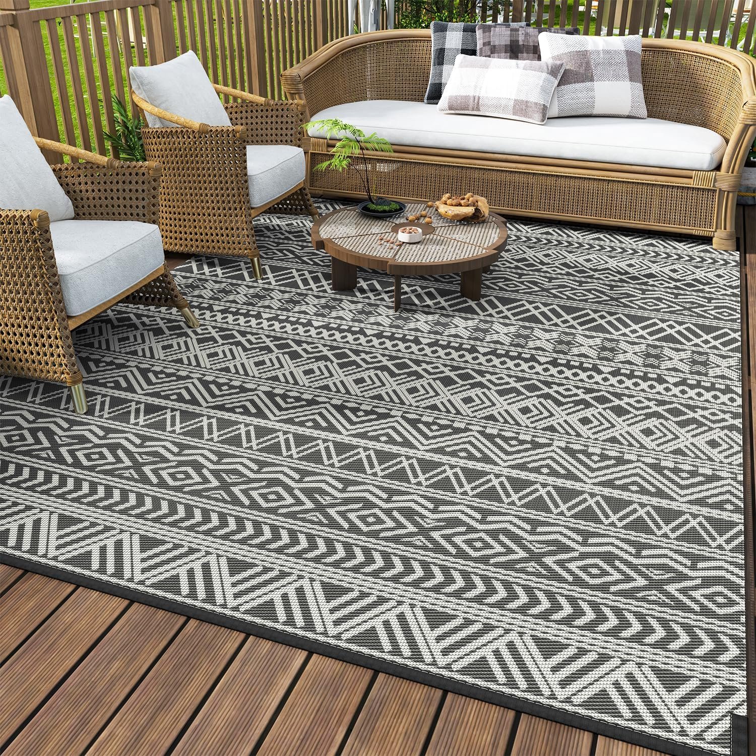 MontVoo Outdoor Rug Carpet Waterproof 5×8 Outdoor Patio Rug Mat Reverisble Plastic Straw Outdoor Rug for RV Camping Picnic Beach Balcony Boho Grey