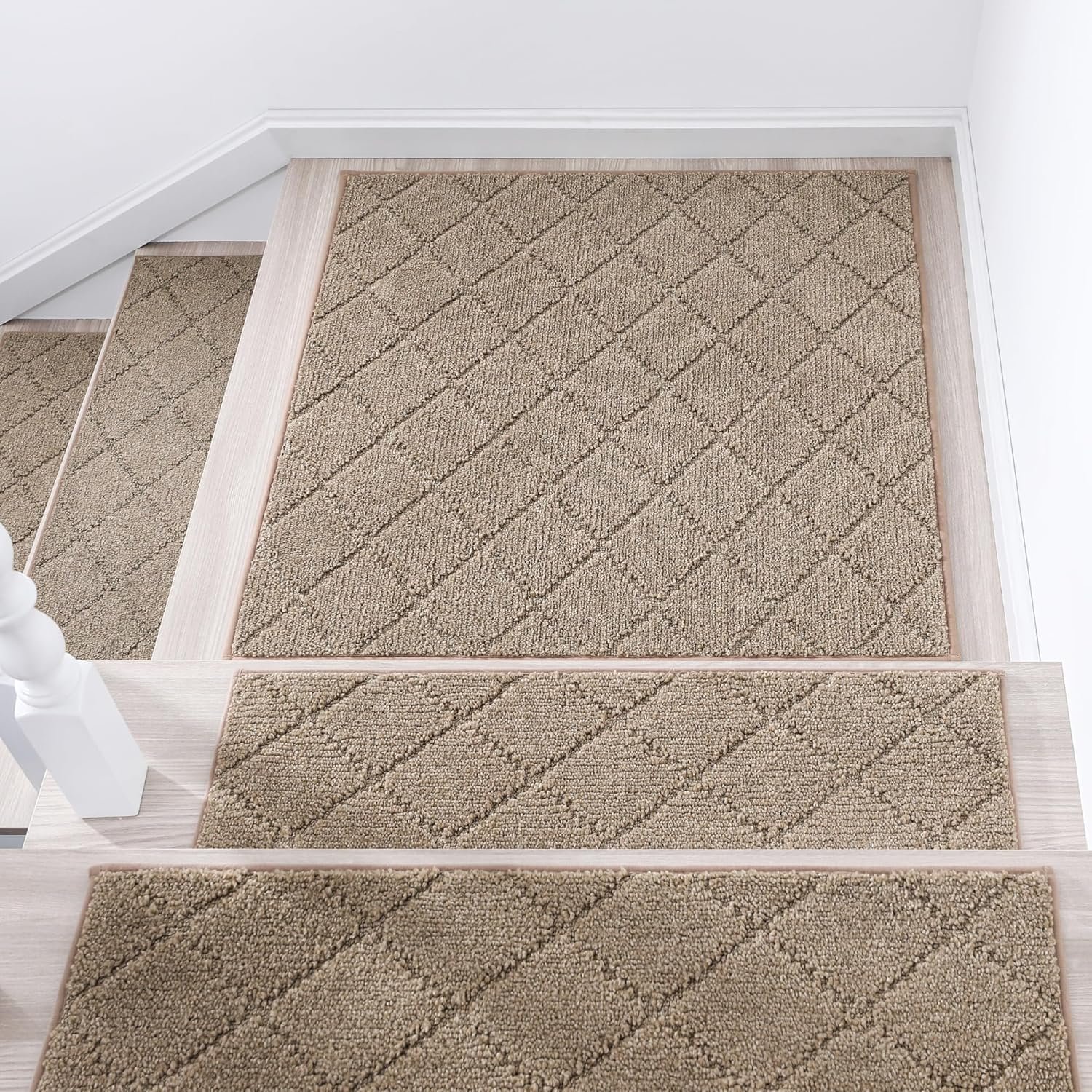 COSY HOMEER Edging Stair Treads Non-Slip Corner Indoor Stair Runner 30″x30″ | Stair Treads for Wooden Steps,Landing Rug Slip Resistant Stair Rugs Mat for Kid Pet Elder,100% Polyester TPE Backing,Beige