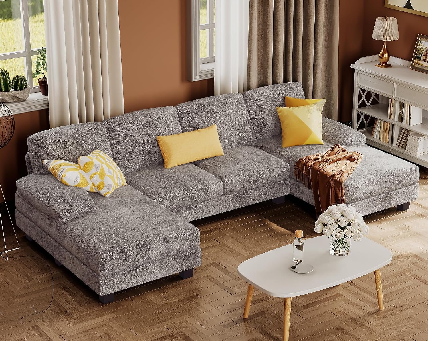 Furmax Sectional Couches for Living Room, Chenille, Grey | U-Shaped Sofa Couch with Linen Fabric, 4 Seat Sofa Set with Double Chaise for Apartment
