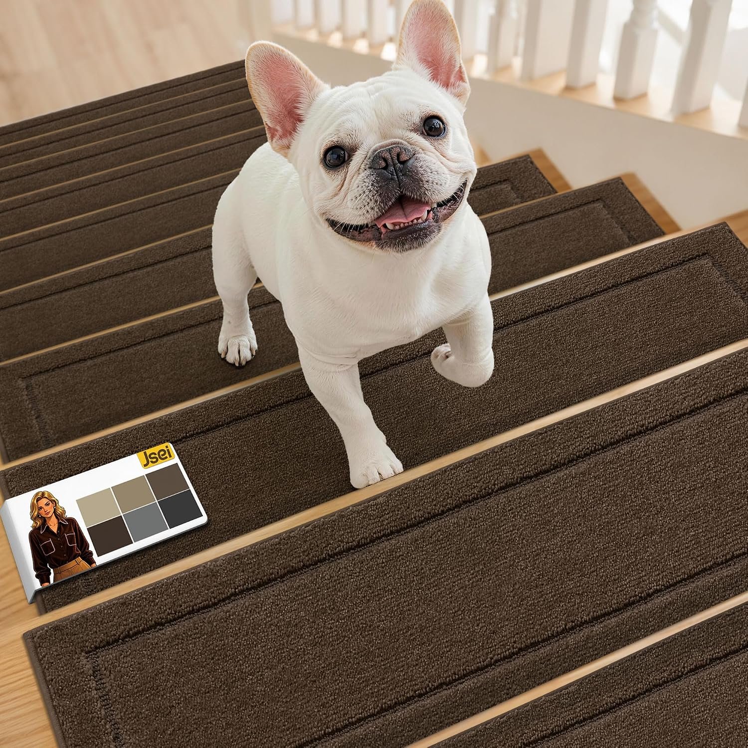 JSEI Stair Treads for Wooden Steps Indoor, 15-Pack, 30″ x 8″, Brown | Non Slip Stair Treads, Washable Polyester Stair Mats with TPE Backing, Low Profile Stair Rugs for Kids, Seniors and Dogs