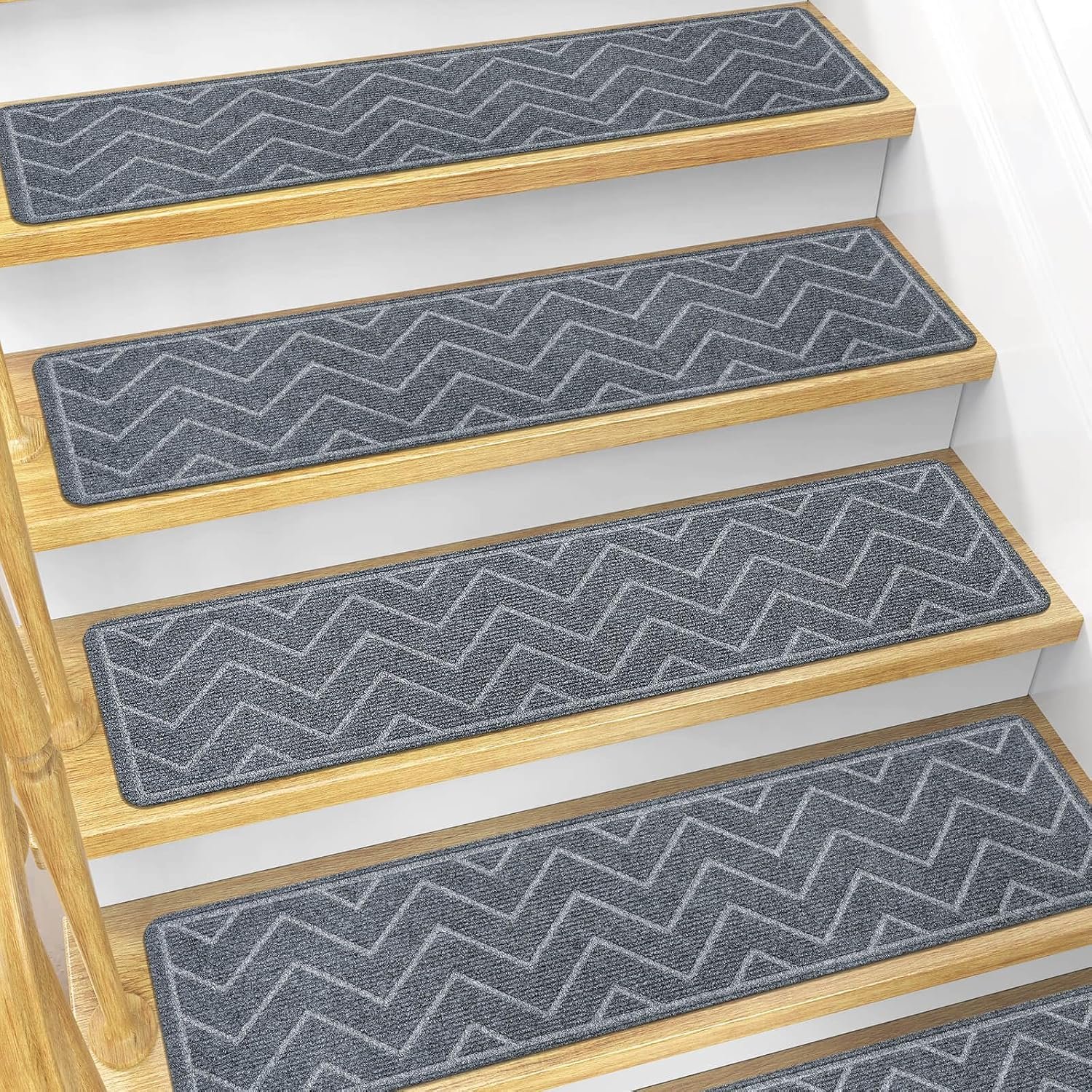 DK177 Stair Treads for Wooden Steps, 15 Pack 8″x30″ Non-Slip Indoor Carpet Stair Treads with Reusable Polyester TPE Backing for Kids Elders and Pets (Dark Gray, 15PCS)