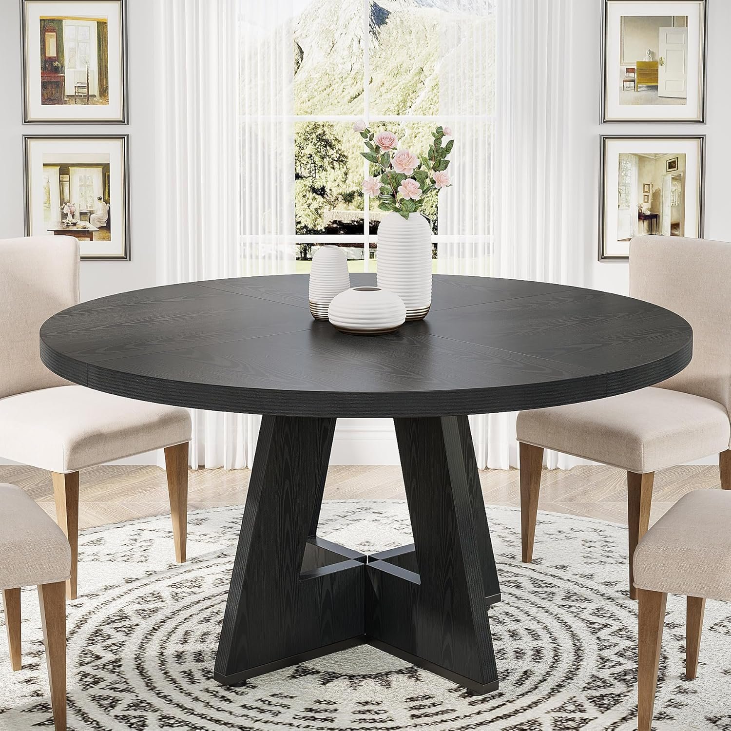 Tribesigns 47 inch Round Dining Table Wood Kitchen Table for Dining Room, 47″ Dinner Room Tables for 4-6, Farmhouse Accent Furniture with Wooden Tabletop and Cross Base, Black