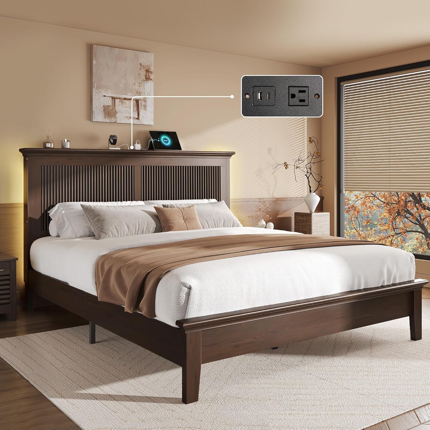 Lifezone Wood Queen Bed, Solid Wood Bed With Tall Headboard, American Vintage Design, Queen Bed With Charging Station & RGB LED, Wood Slats Support, Noise-Free, Sturdy Structure, Easy Assembly, Walnut