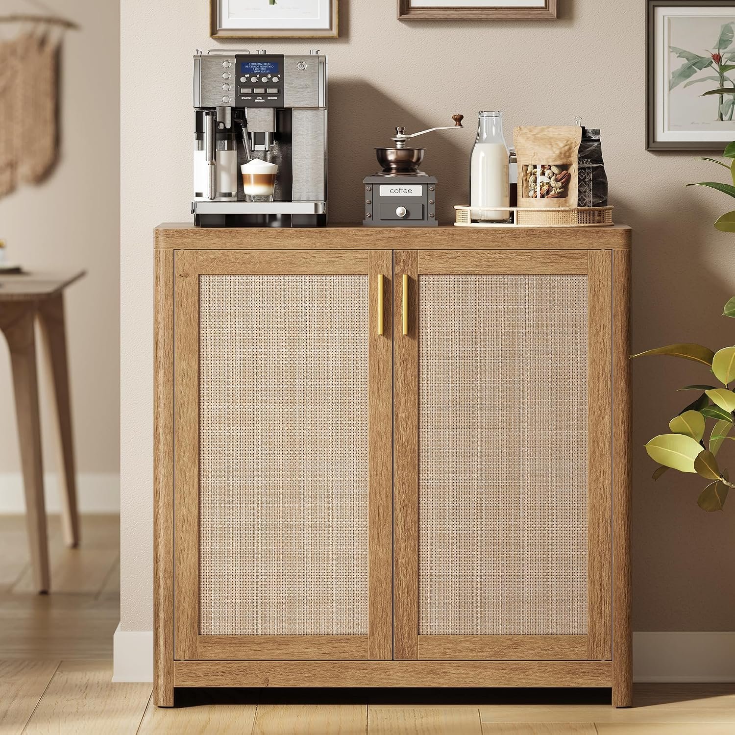 VASAGLE ELLAN Collection – Boho Buffet Cabinet with Rattan-Look Doors, Sideboard Storage Cabinet, Rounded Corners, Adjustable Shelf, for Kitchen, Natural Brown UBBK345KC01