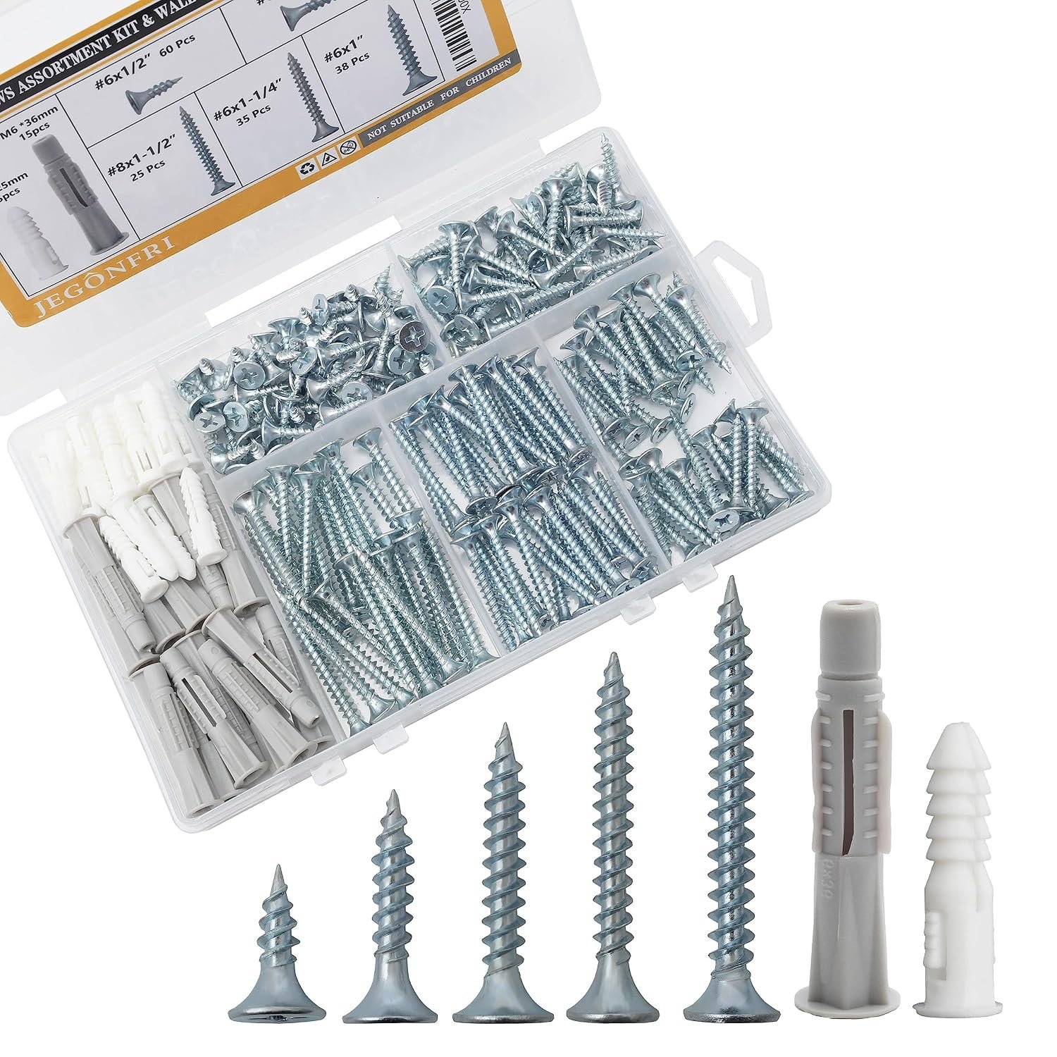 JEGONFRI 203PCS 5 Sizes Wood Screws Assortment Kit & 30pcs Wall Anchors | Hardened Steel, Zinc Coated, Rustproof, Sharp Threads Bite Fast, Fits Wood/Drywall/Plastic/Metal, Storage Box Included