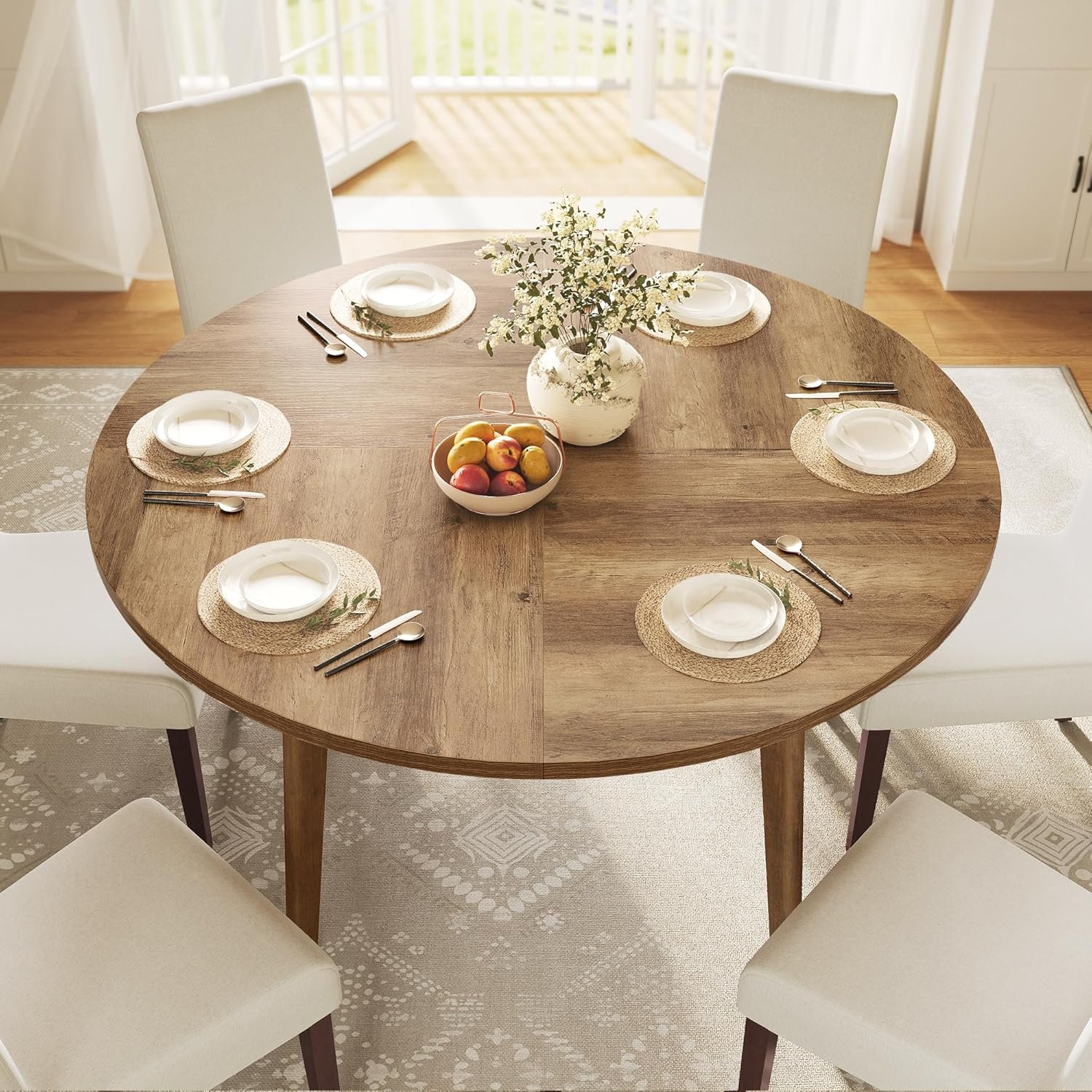 VASAGLE MAEZO Collection – Round Dining Table for 4-6 People, 47.2 Inches Circle Kitchen Table with Tapered Legs, Curved Transitions, for Dining Room, Kitchen, Honey Brown UKDT091KB02S