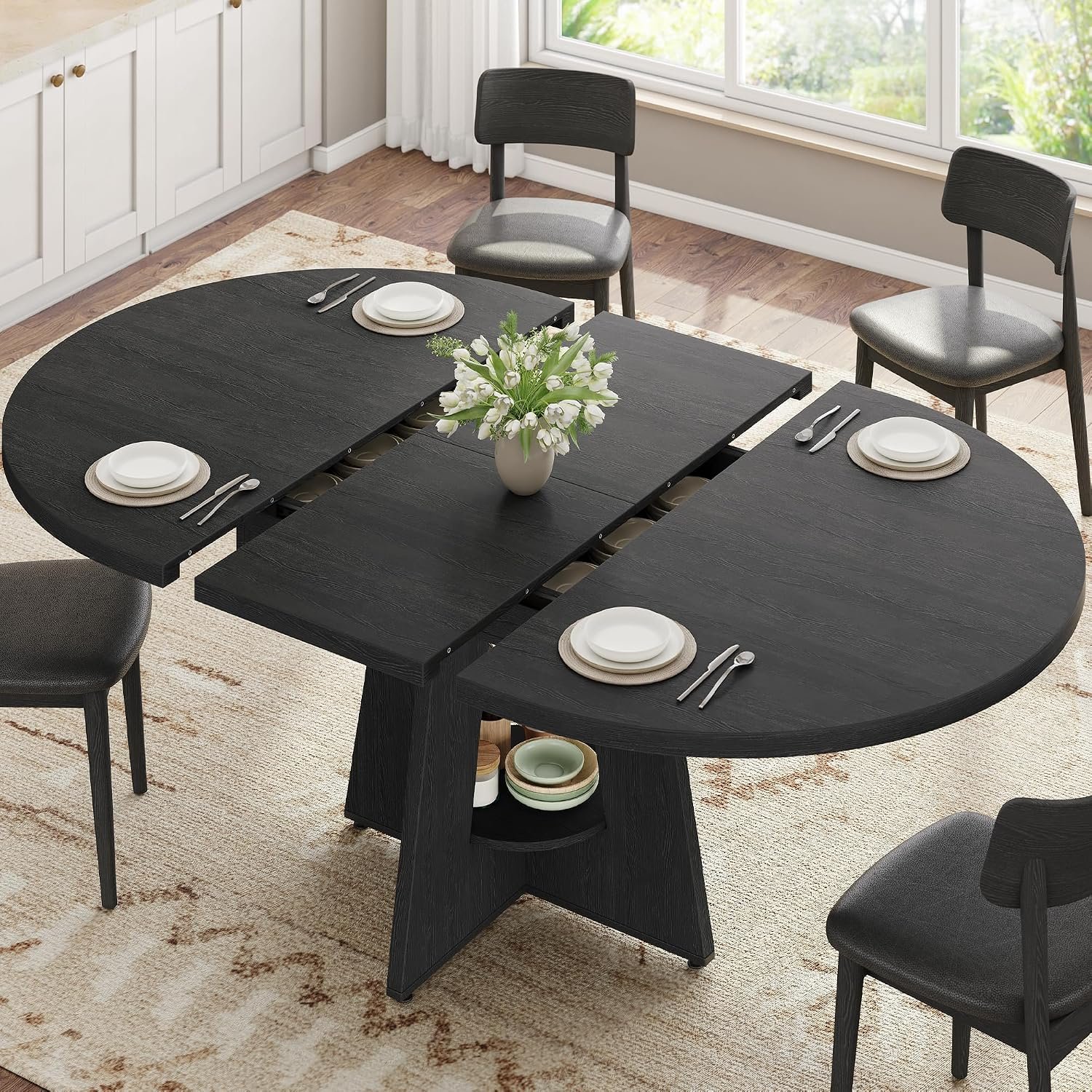 Extendable Dining Table, Round Kitchen Dining Room Dinner Table with for 4 6 8 People, Space Saving Modern Oval Expandale Furniture with Storage and Pedestal for Kitchen Living Room (Black)