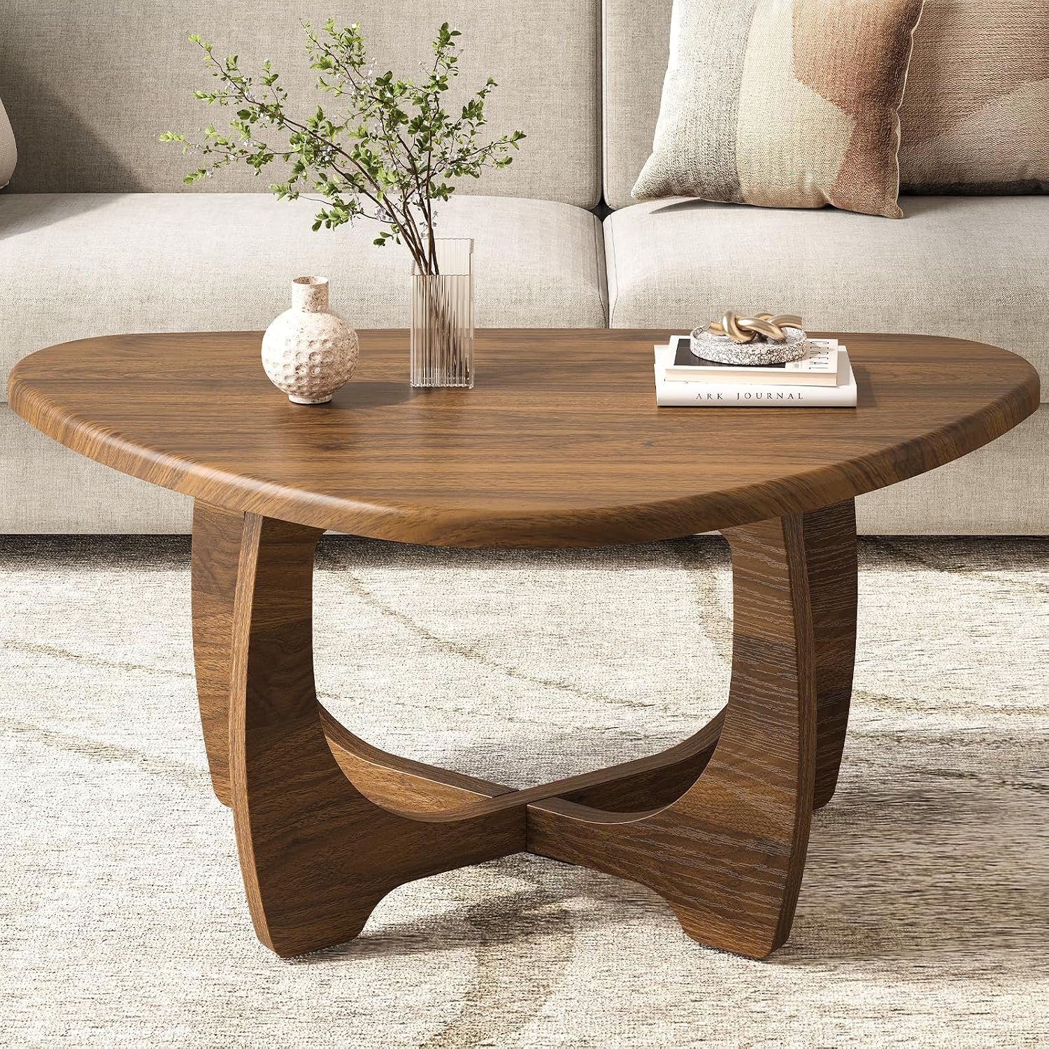 Mid Century Modern Coffee Table, Small Wood Triangle Top, Walnut | 35.8″x 22.5″ x 16.2″, Unique Triangle Top, Solid Wood Legs, Space-Saving Round Coffee Table for Living Room Apartment Bedroom