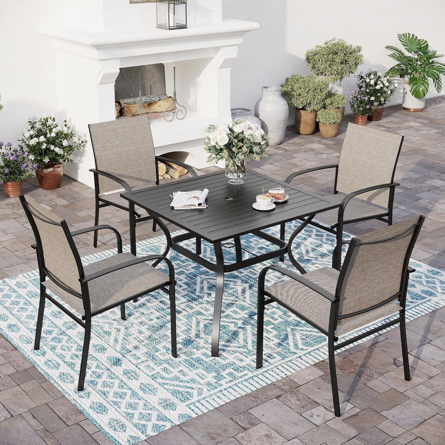 5pc Patio Dining Set, 37″ Square Table & 4 Brown Chairs | Outdoor metal table w/ umbrella hole, Textilene chairs. Waterproof, rust-resistant, all-weather for backyard and deck