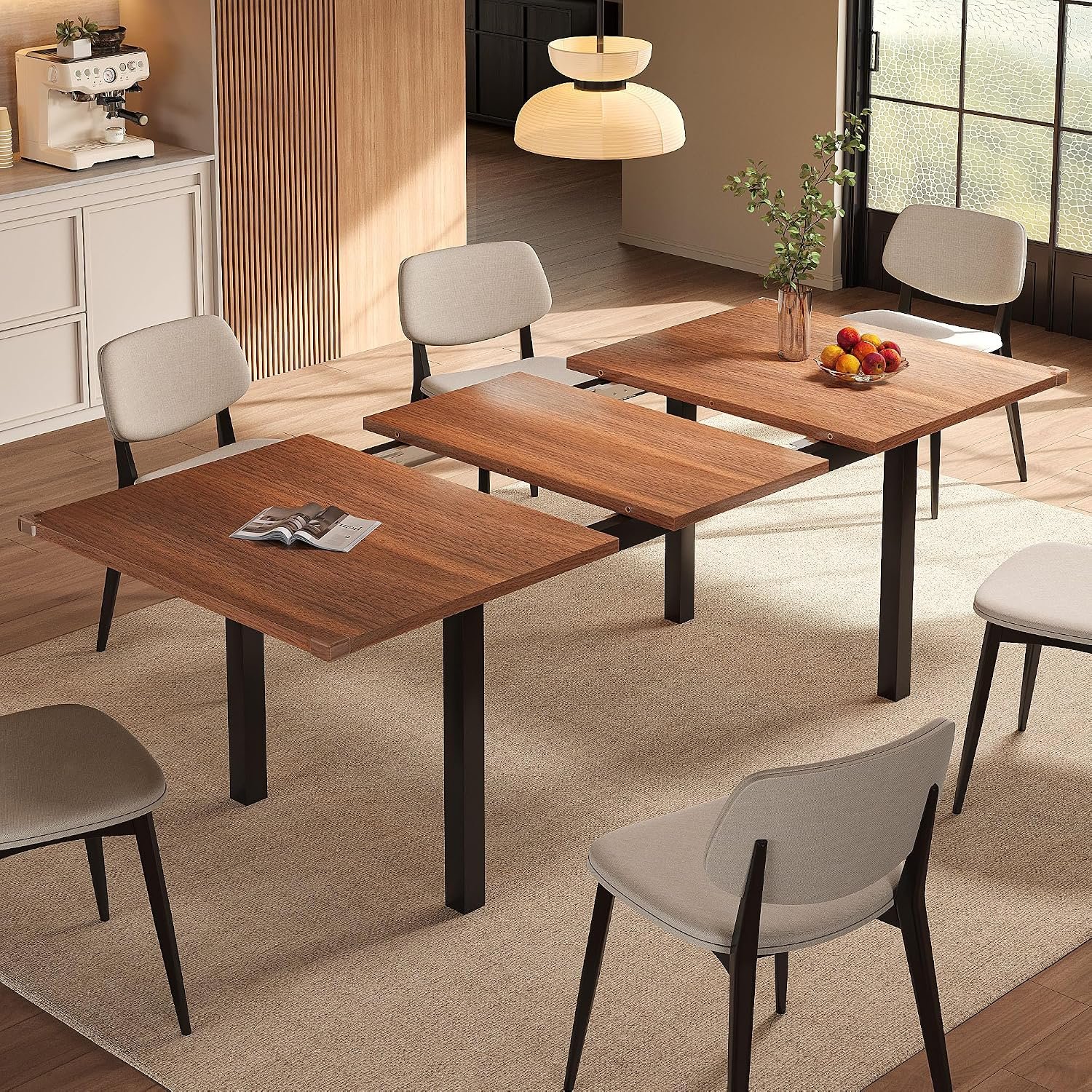 Einhomn Extendable Dining Table for 4-6, 63″ Modern Kitchen Table, Farmhouse Dining Room Tables for Dining, Kitchen, Office, Living Room, Rectangular Wooden Tables, Space Saving (Walnut)