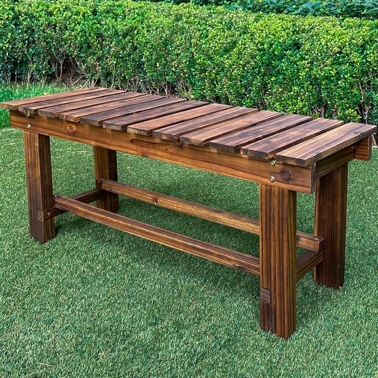 Outdoor Garden Wood Bench, 35.5″ Backless Weatherproof Bench Carbonized | 2-Person Heavy Duty Solid Patio Bench, 380 Pounds Capacity, Anti-Corrosion Finish, For Backyard, Porch, Lawn, Balcony, Deck