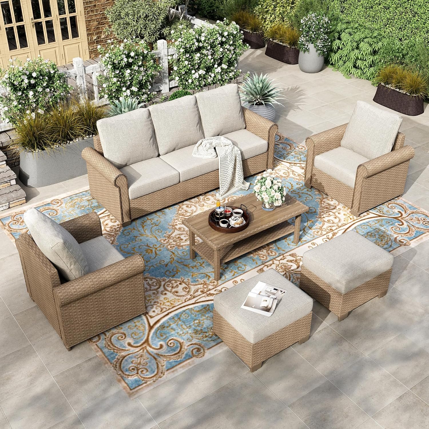 HERA’S HOUSE 6-Piece Wicker Rattan Patio Conversation Set, Beige | 6 Pieces Set, Coffee Table-Ottomans, UV resistant