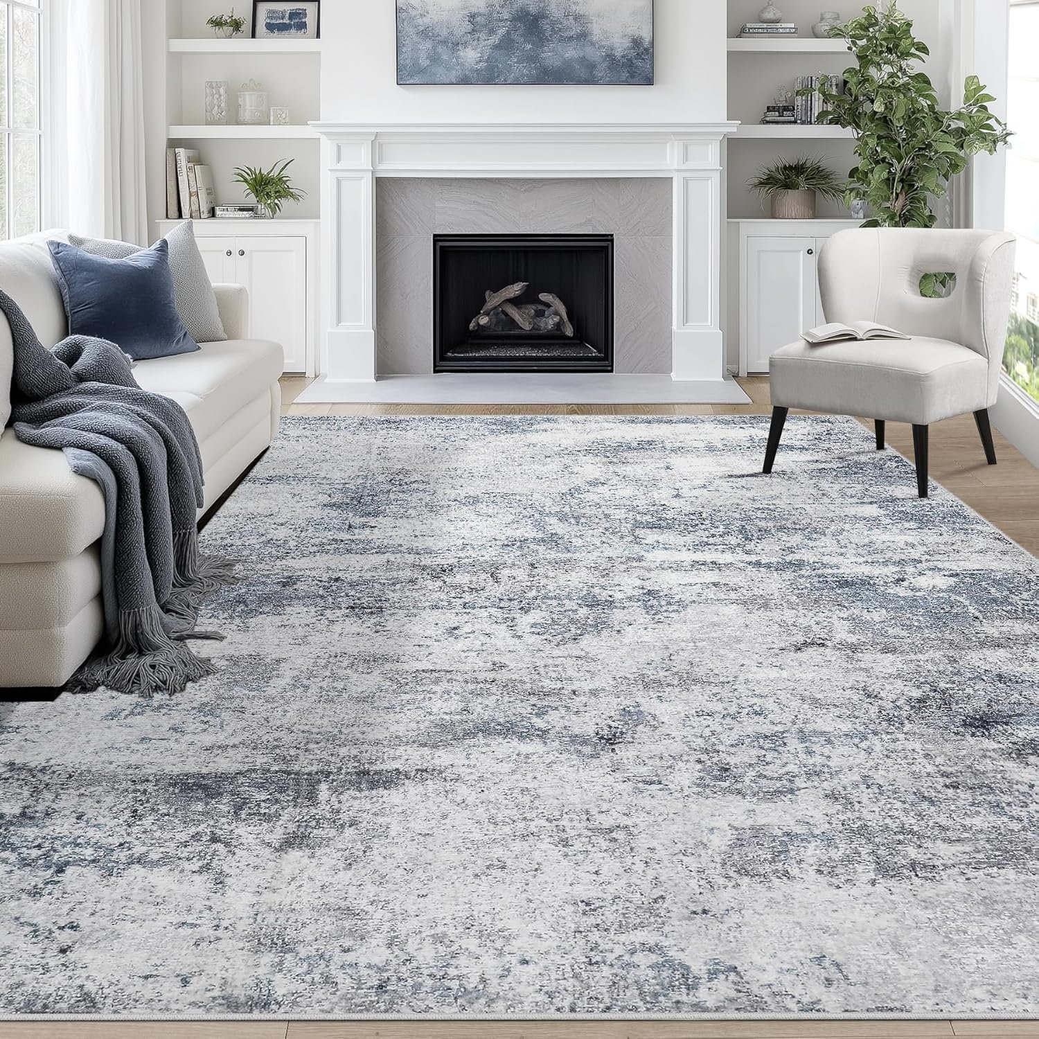 8×10 Area Rugs for Living Room Washable Bedroom Dining Room Blue Grey | Modern Abstract, Non-Slip Backing, Soft, Low-Pile, Foldable, Water Repellent, Pet Proof, Non-Shedding, Indoor