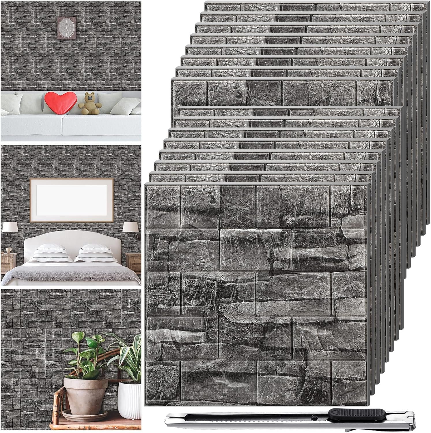Colarr 60 Pcs 58 Sq ft 3D Wall Panels Peel and Stick Faux Foam 3D Brick Wallpaper Faux Paneling Adhesive Wall Covering Panels Decorative Medieval Tiles Waterproof for Bedroom(Black Stone Color)