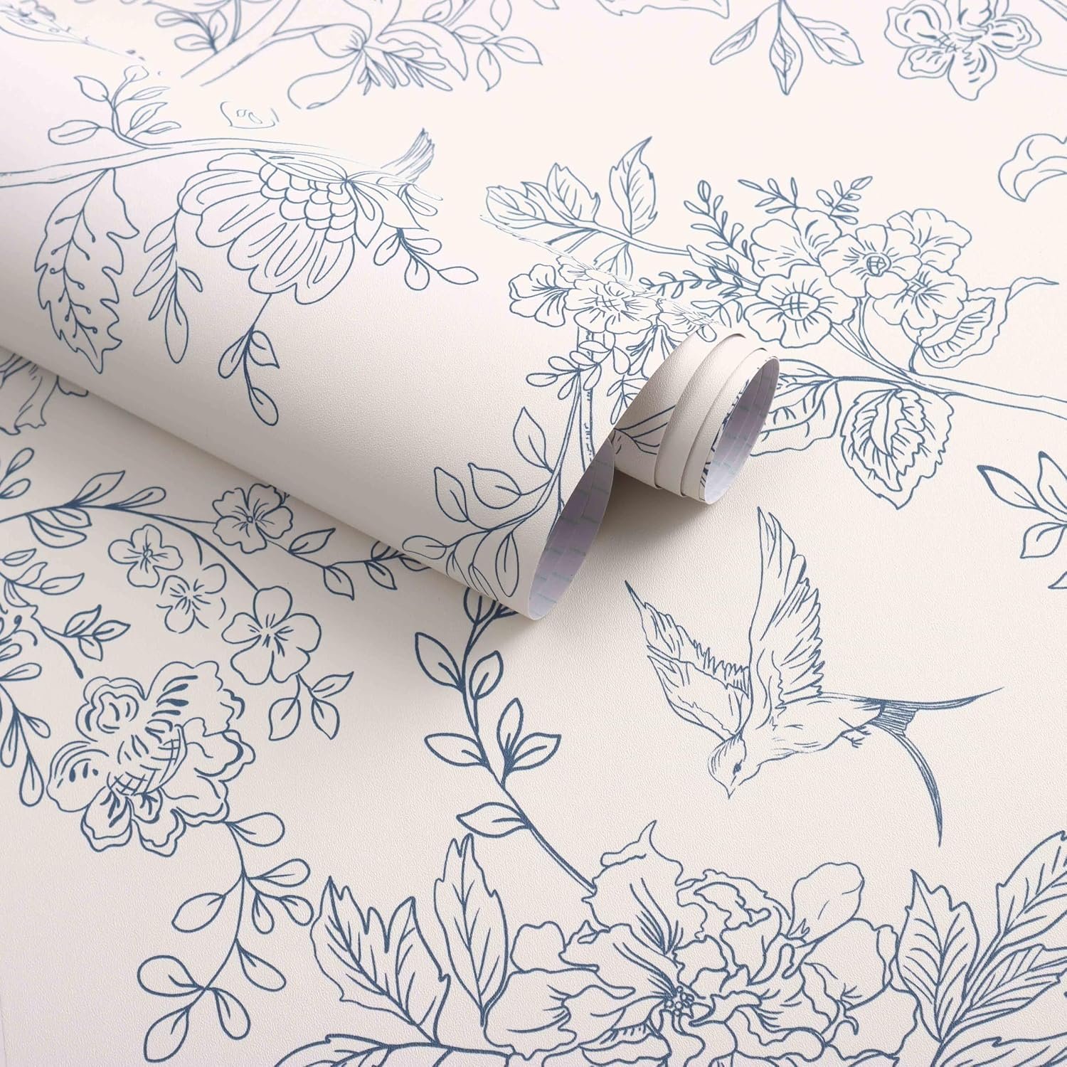 Froluya Cream White and Blue Floral Peel and Stick Wallpaper 17.7in×118.1in | Blue Floral Contact Paper Peel and Stick Vintage Flowers Birds Self Adhesive Removable Wall Paper for Bathroom Cabinets Vinyl