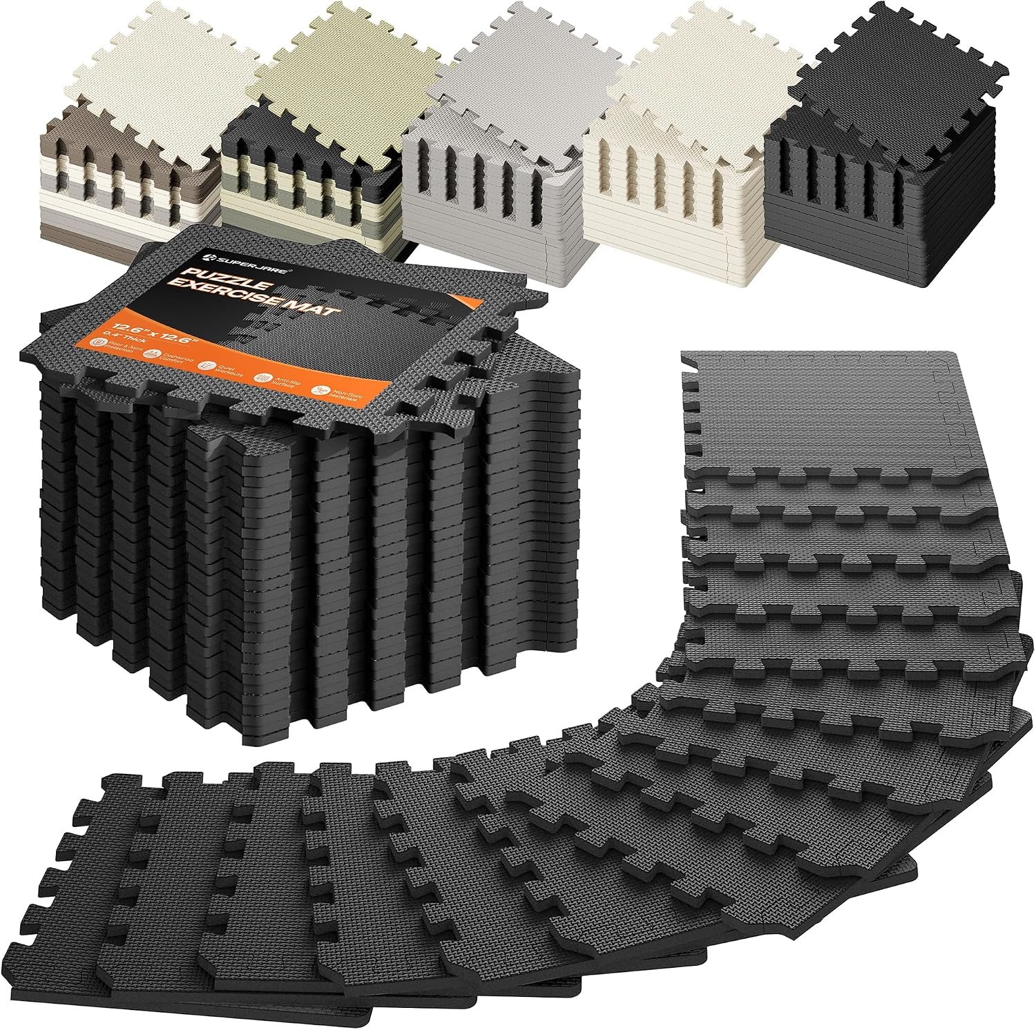 SUPERJARE Gym Floor Mats, EVA Foam Puzzle Exercise Mats, Foam Floor Tiles | Cushioned Interlocking Workout Mat, Gym Flooring for Home Gym, Playroom, Garage, 12.6″x12.6″x0.4″