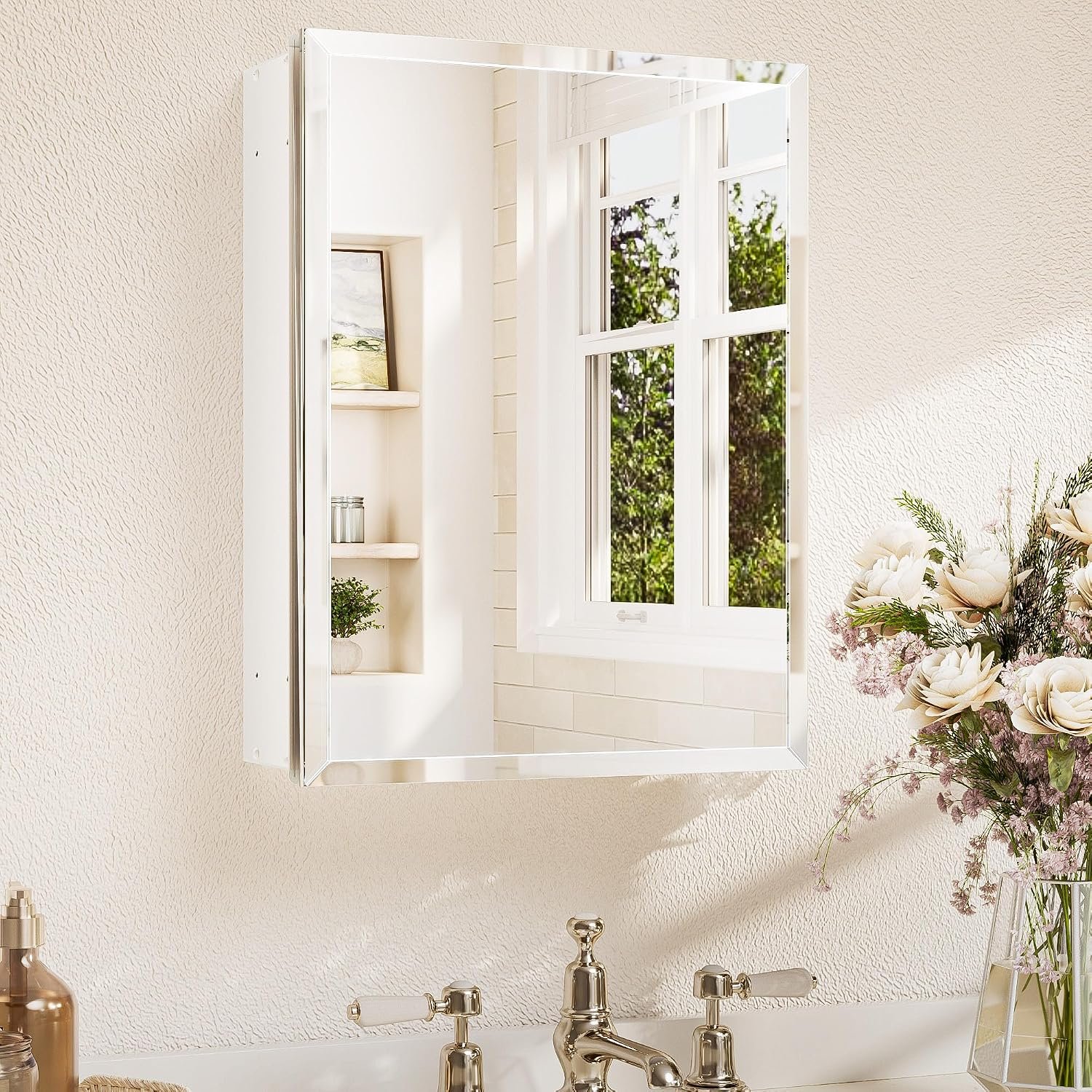 14 x 18 Medicine Cabinet with Tempered Beveled Mirror White Aluminum Cabinet DTC Hinges, 2 Stepless Adjustable Shelves, Recessed/Surface-Mounted
