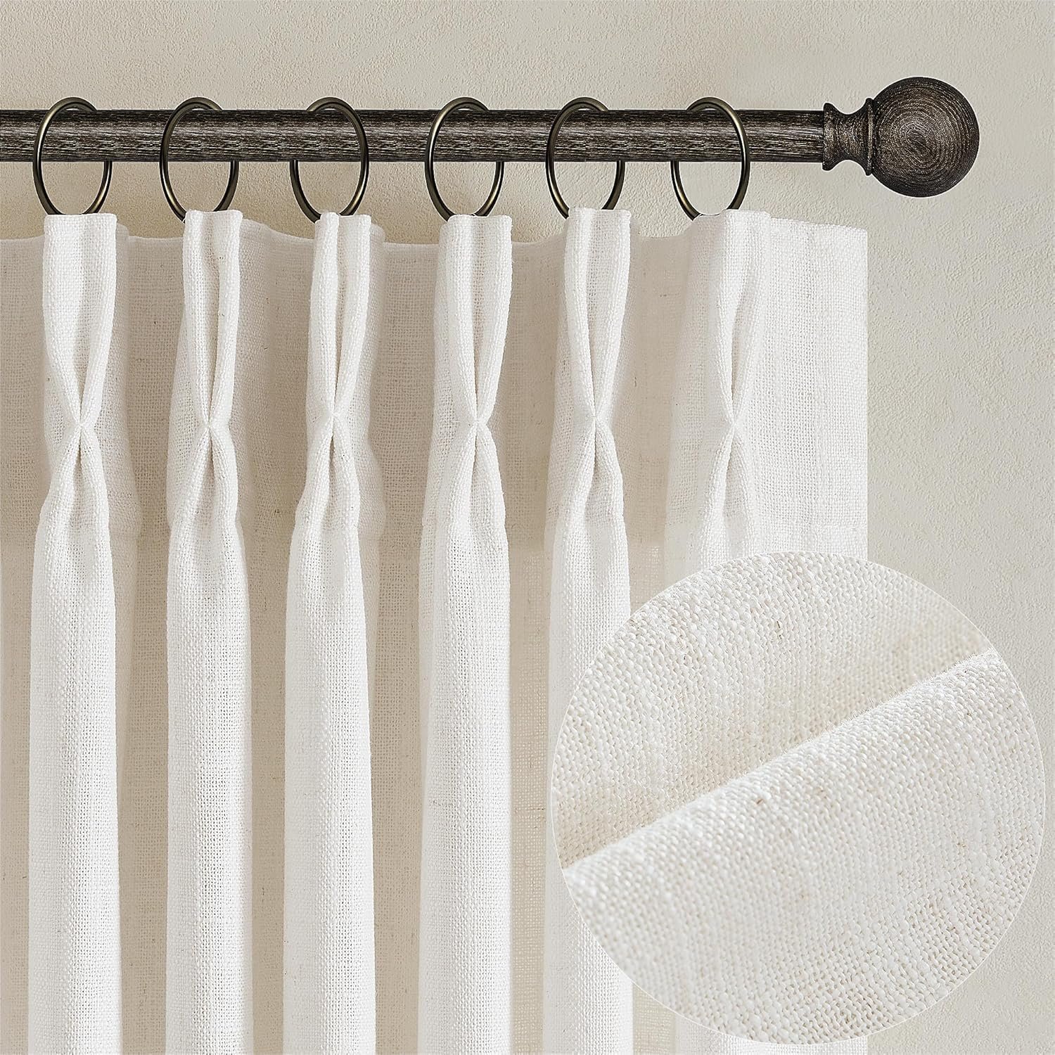 Natural Pinch Pleated Linen Semi Sheer 84 Inch Curtains 2 Panels | Pinch Pleat Hooks Rings, Back Tab, Cream Ivory Birch, Boho Neutral, Textured Linen, Window Curtain for Living Room Bedroom