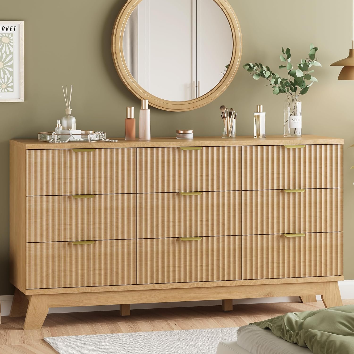Fluted Dresser for Bedroom with 9 Drawers, 57″ Wide Modern Chest of Drawers with Metal Handle, Wooden Dresser TV Stand, Wood Closet Clothes Storage Organizer for Living Room, Hallway, Natural Oak