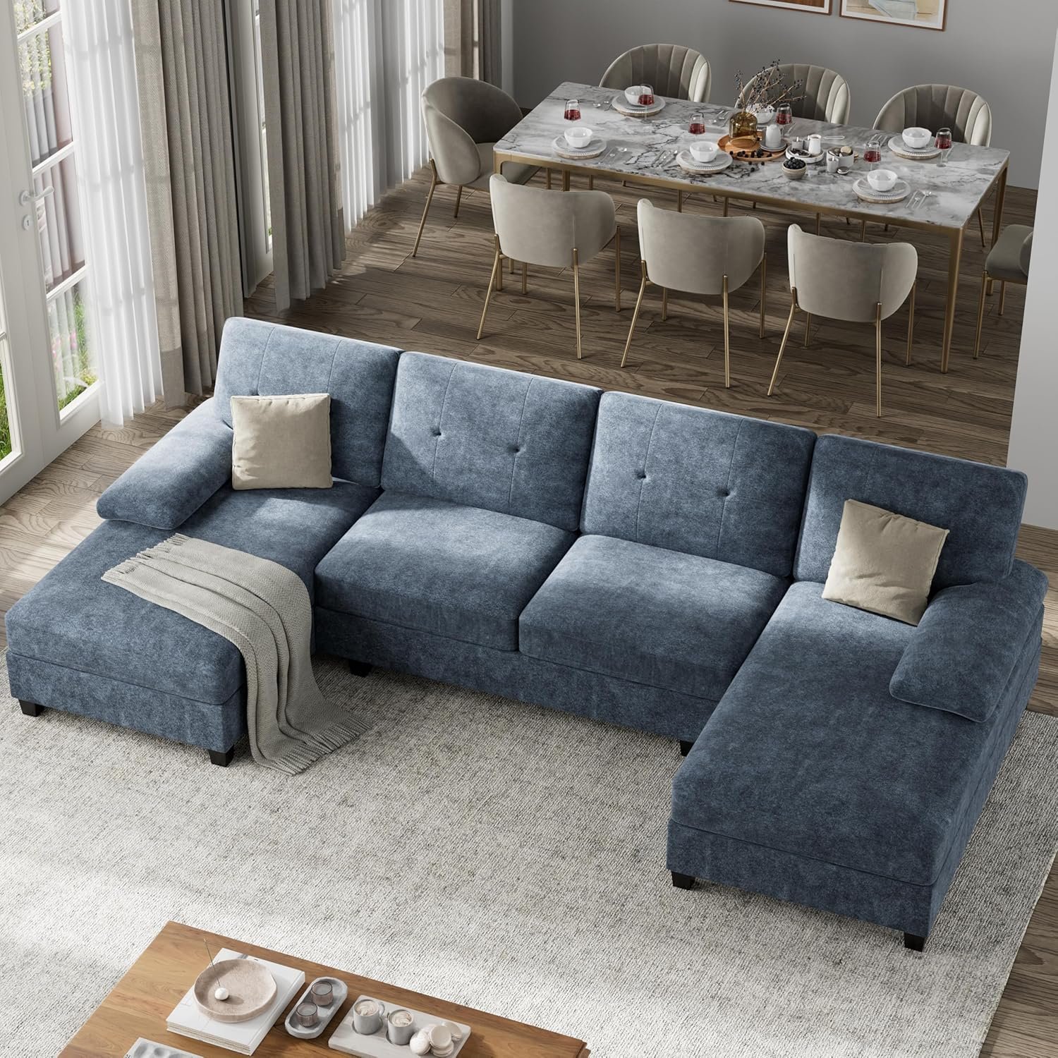Shintenchi U-Shaped Sectional Couches for Living Room, 4 Seat Sofa with Double Chaise Lounges,Solid Wood Frame Sectional Sofa for Apartment,Dark Grey