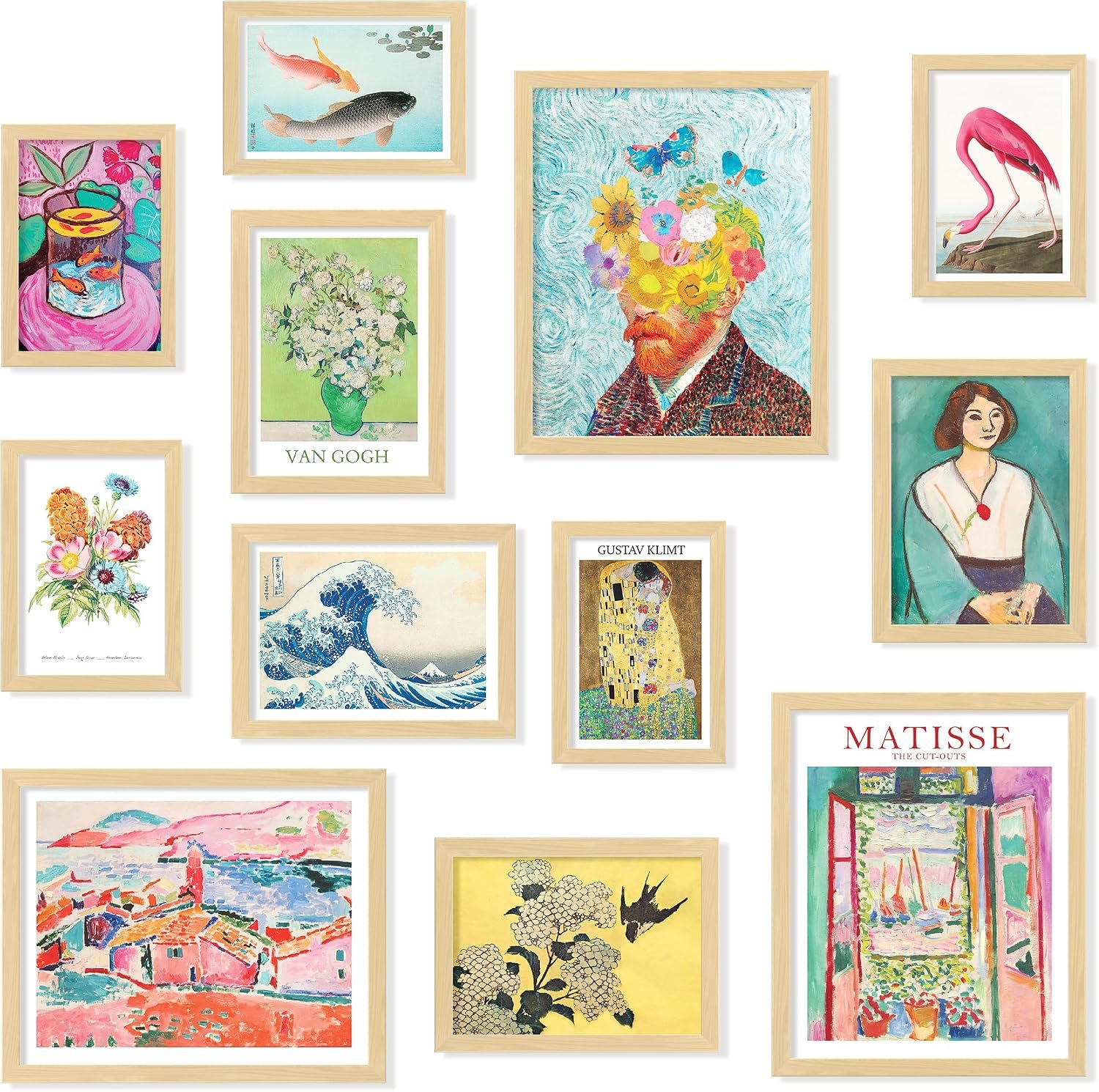 Eclectic FRAMED Wall Art, Retro Colorful Prints for Bedroom, BEIGE FRAME
