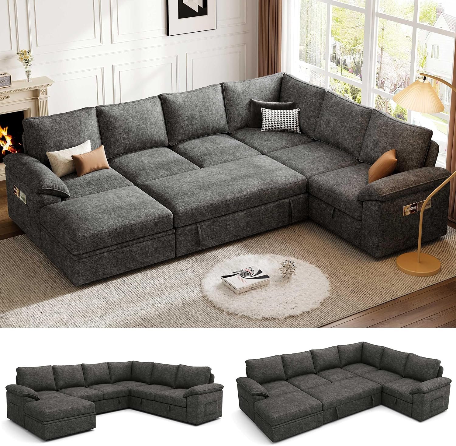 108” Modular Sectional Sofa with Pull Out Bed, Sleeper Sofa, Dark Gray | U Shaped 7 Seat Sectional Couches for Living Room, Cloud Modular Couch with Storage, Pull Out Couch, Removable Sofa Cover