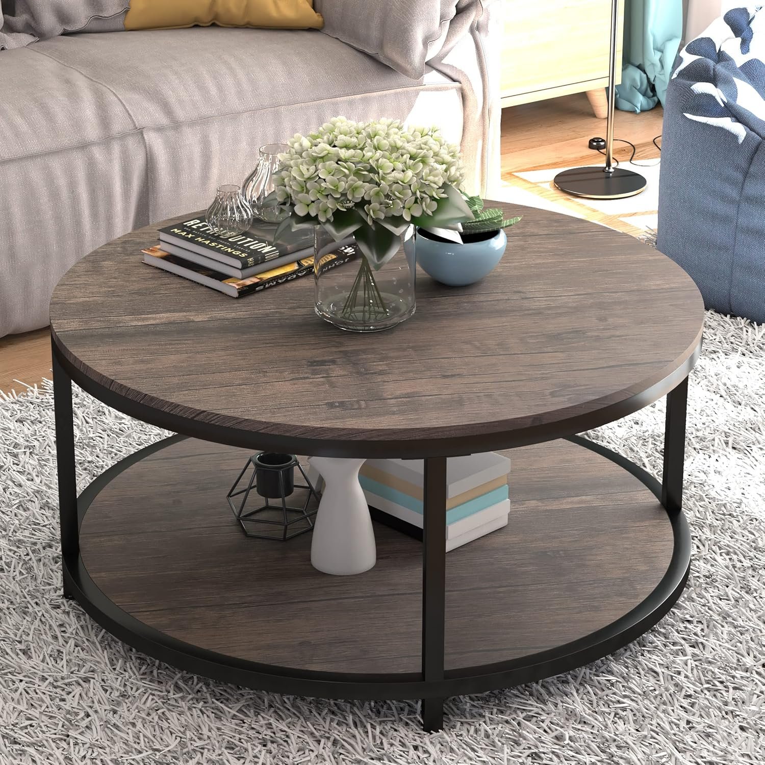 NSdirect Round Coffee Table,36″ Coffee Table for Living Room,2-Tier Rustic Wood Desktop with Storage Shelf Modern Design Home Furniture(Light Walnut)