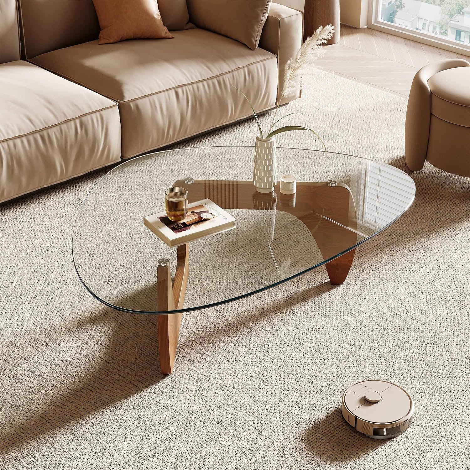 Honyee Morden Coffee Table, 42.5″ x 28.5″ x 16.1″ Triangle Tempered Glass Top for Living Room, Color: Natural Wood