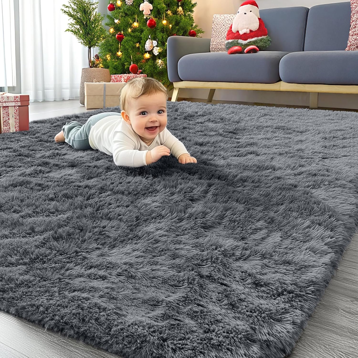 OLANLY Area Rugs for Living Room Bedroom, Machine Washable 4×5.9 ft Soft Fluffy Shaggy Bedside Rug, Indoor Floor Carpet for Kids Girls and Boys, Dorms, Nursery Rooms, Home Decor Aesthetic, Grey