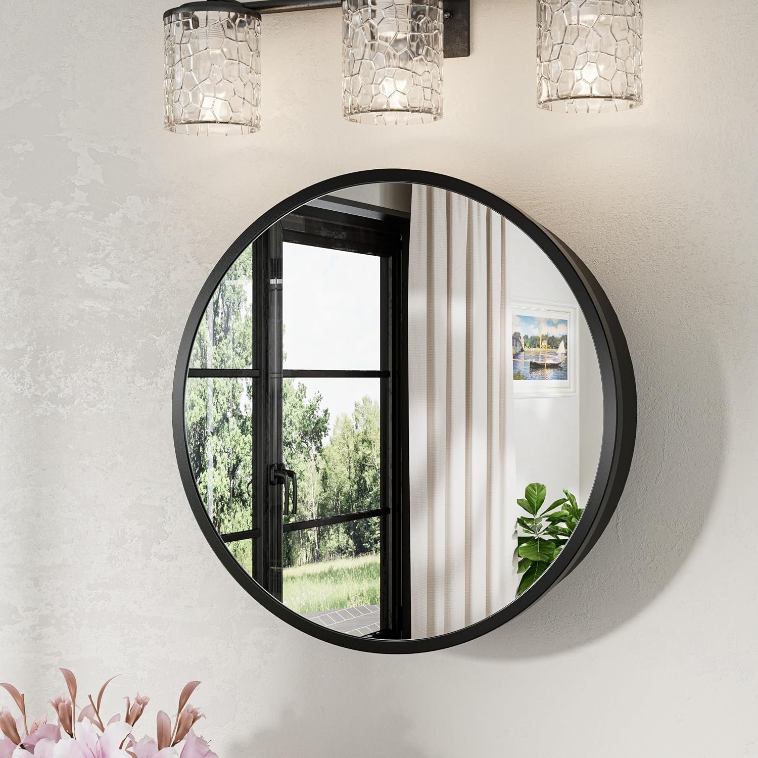 Keonjinn 20 Inch Black Round Medicine Cabinet with Mirror, Rust Resistance | Surface Mount Metal Medicine Cabinet Mirror, Shatter-proof, Adjustable Shelves, Smooth Piano Hinge, Magnetic Door Bumpers